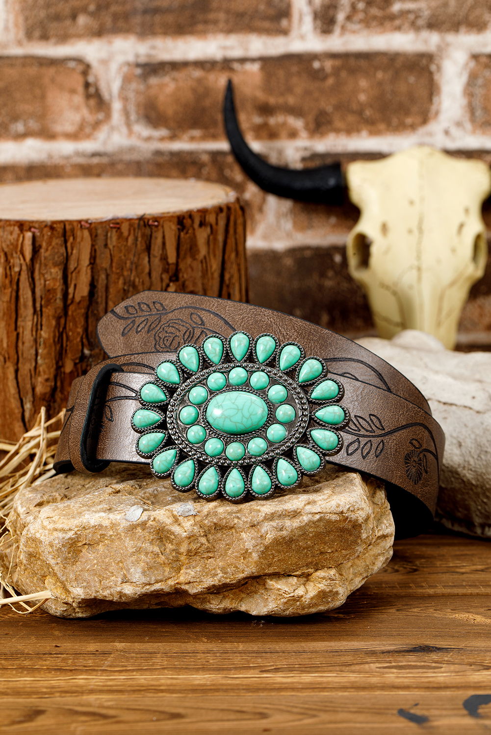 Chestnut Turquoise Gem Stone Western Fashion Faux Leather Belt