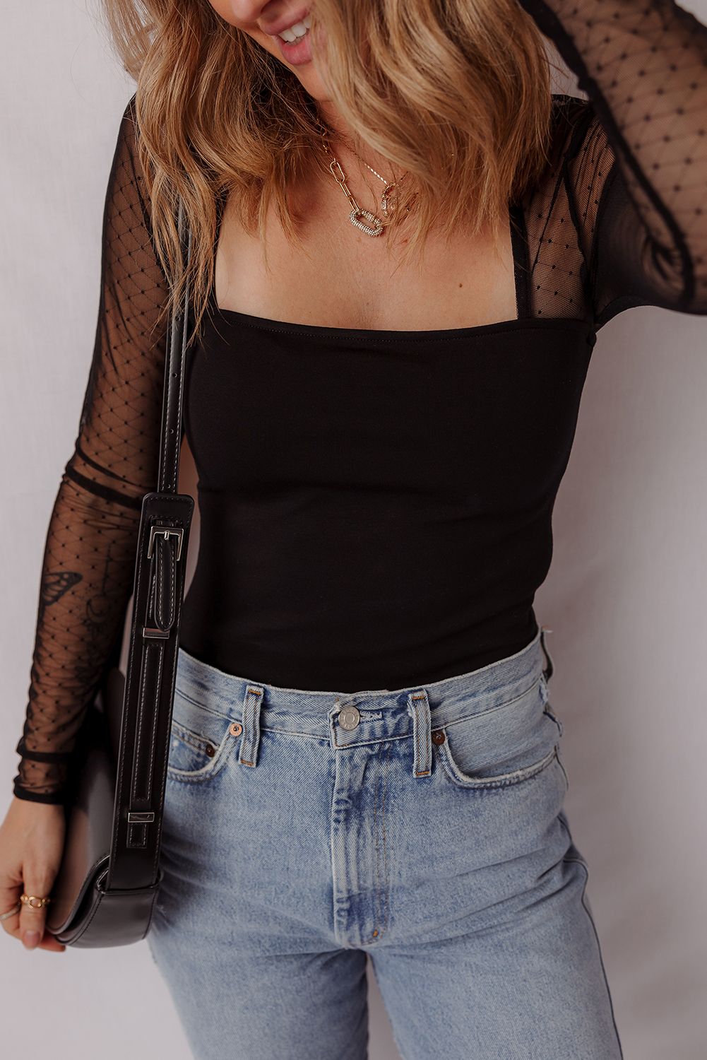 Black Polka Dot Mesh Long Sleeve Square Neck Bodysuit