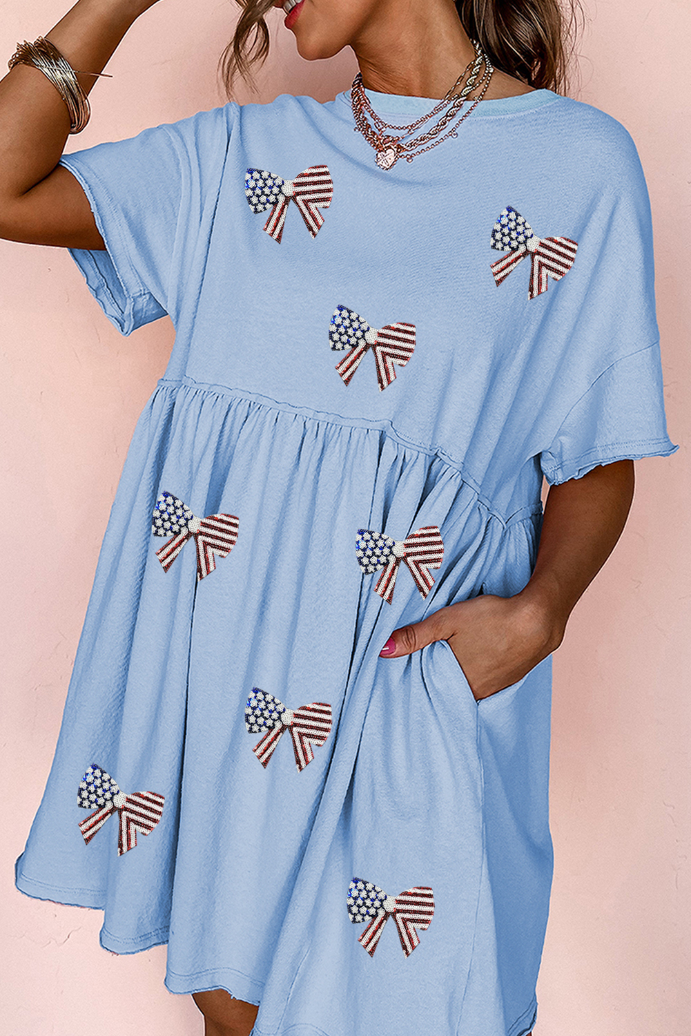 Sky Blue Star and Stripes Sequin Bow Patched T Shirt Babydoll Dress