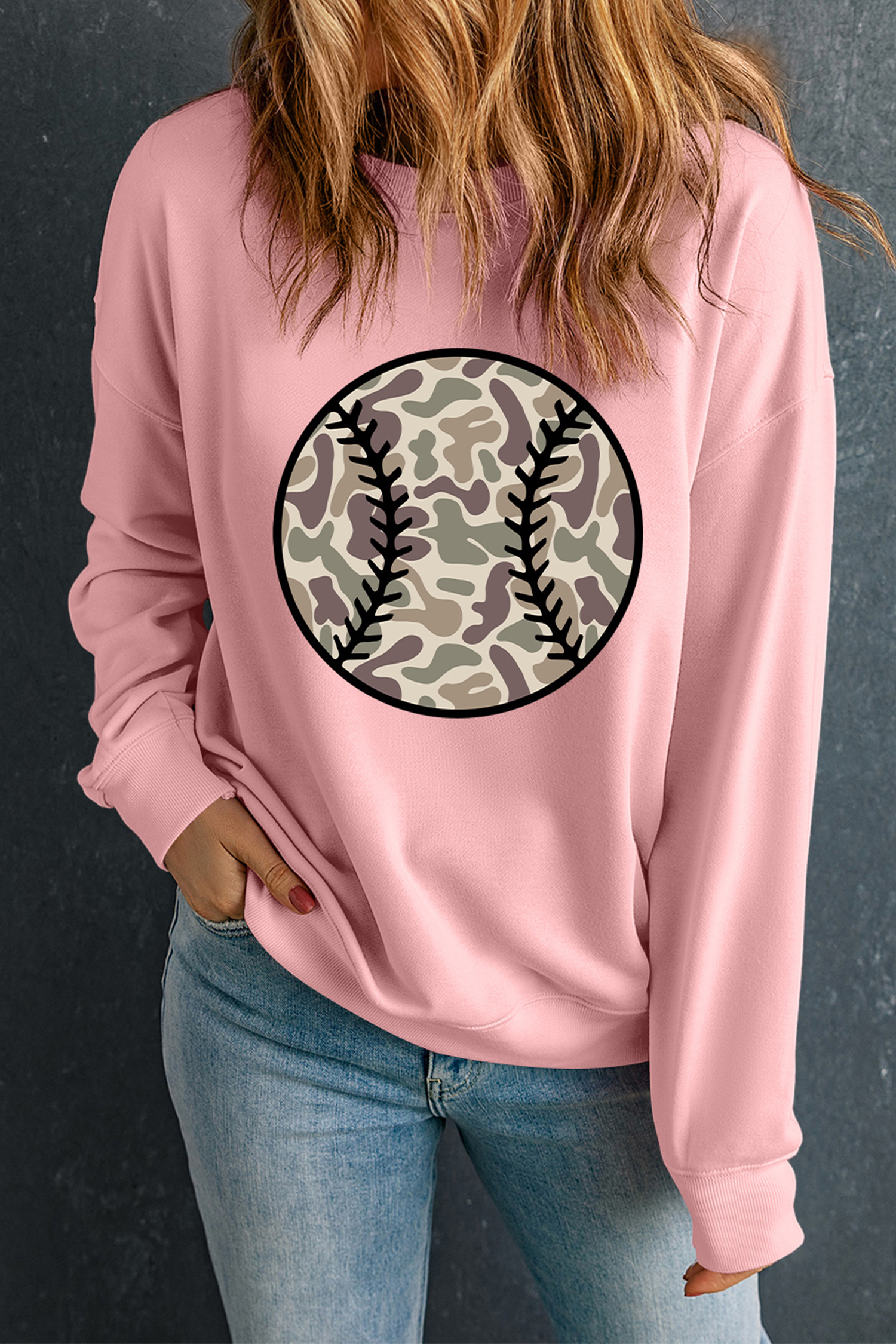 Pink Camouflage Baseball Dropped Shoulder Sweatshirt