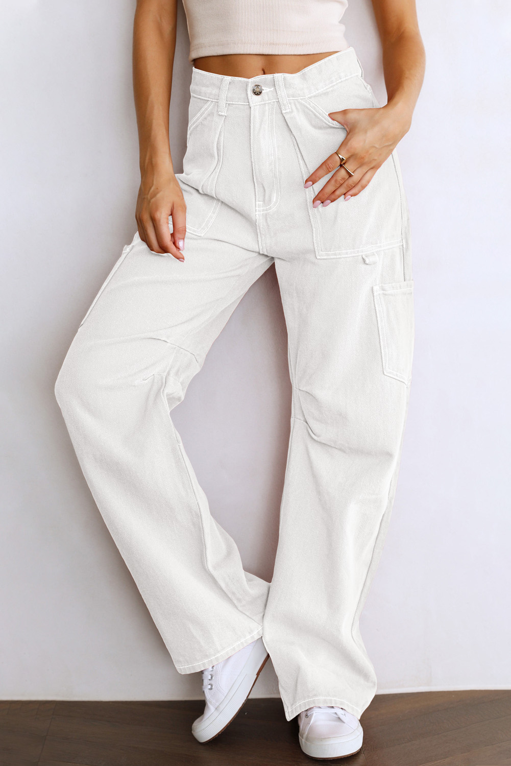 White High Waist Straight Leg Cargo Pants with Pockets