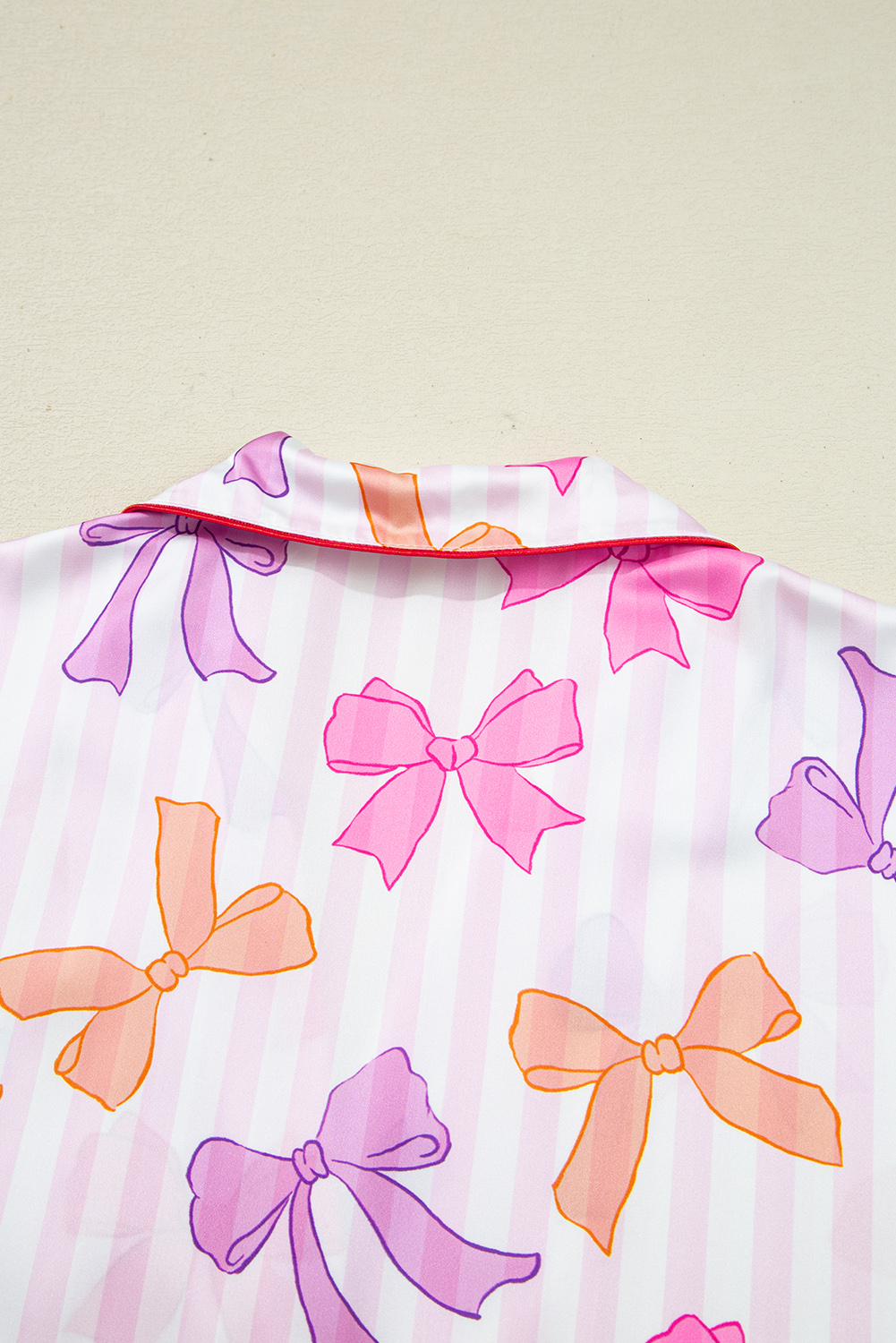Pink Striped Bow Print Contrast Piping Trim Shirt and Pants 2pcs Pajama Set