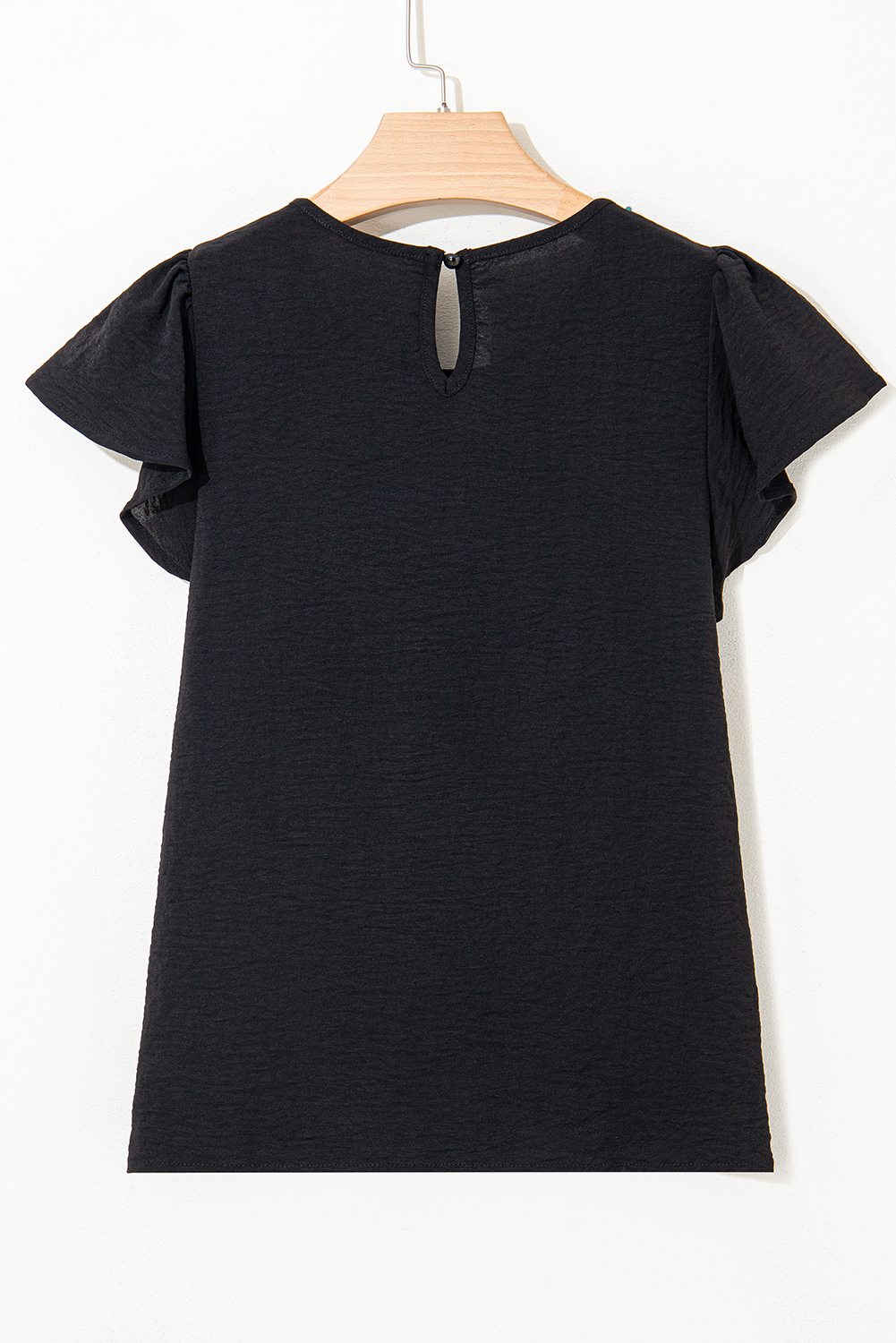 Black Flounce Sleeve Pleated Textured Blouse