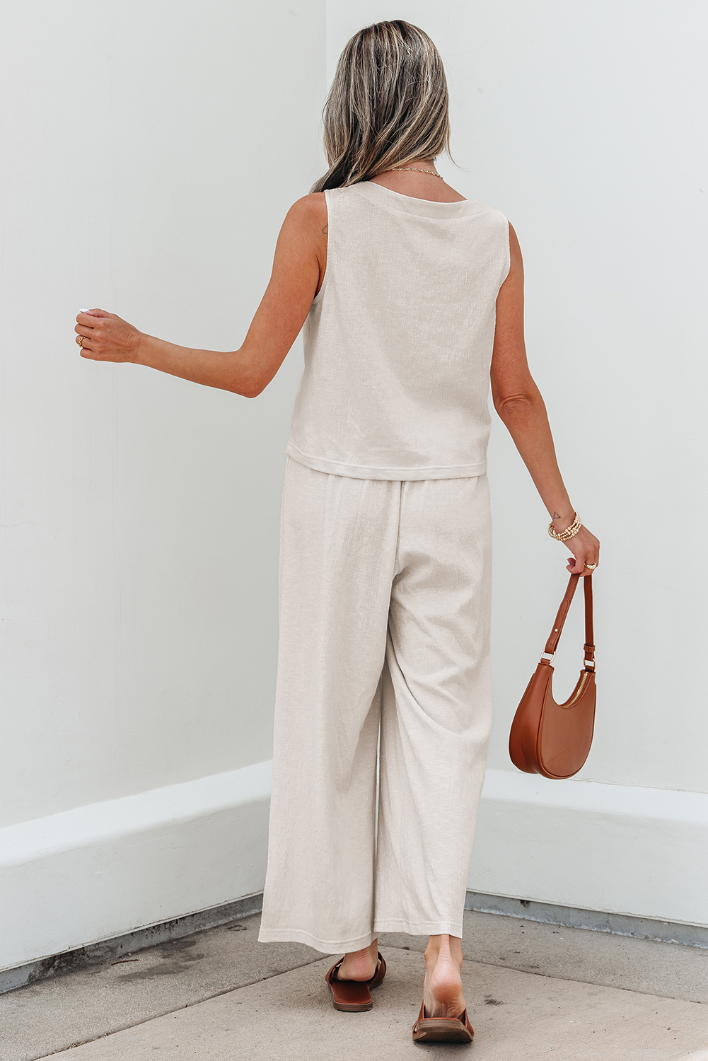 Apricot Buttoned V Neck Tank Top and Wide Leg Pants Casual Outfit