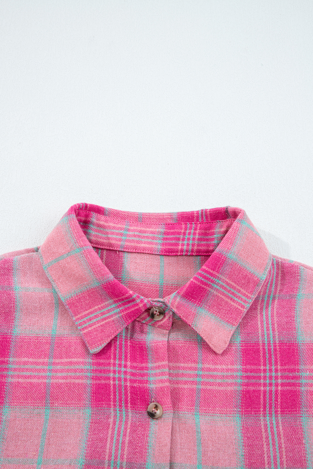 Sachet Pink Plaid Print Rounded Hem Long Sleeve Shirt with Pockets