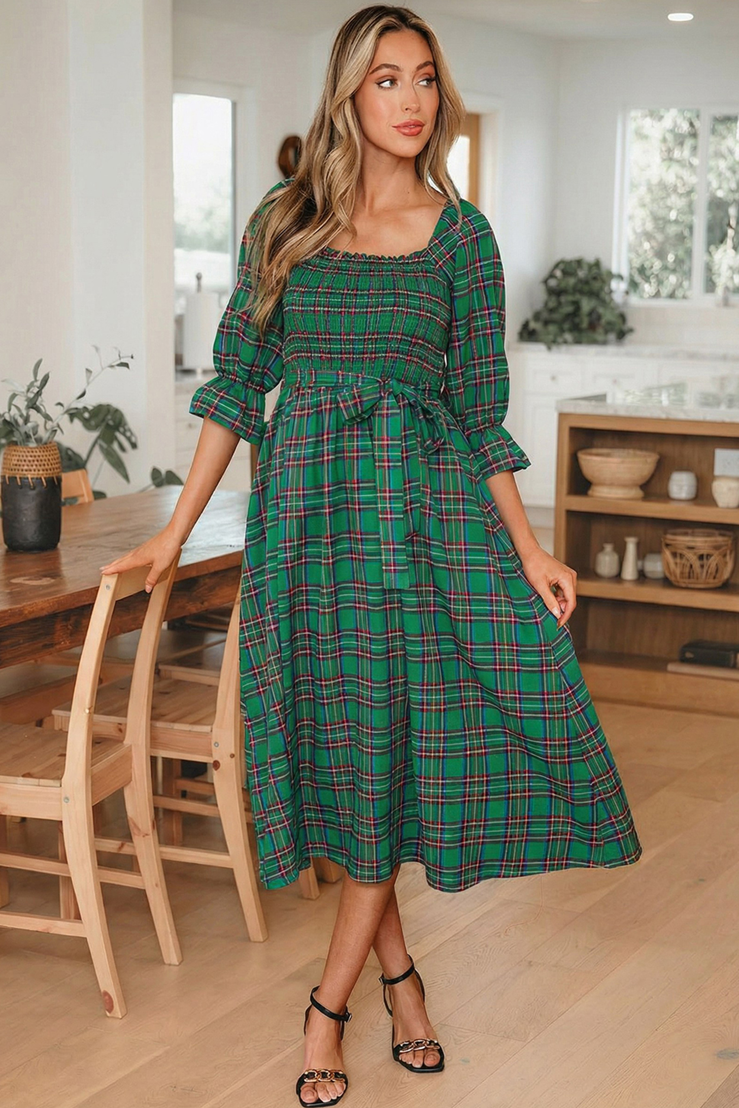 Red Tartan Plaid Square Neck Puff Sleeve Knot Waist Flared Midi Dress