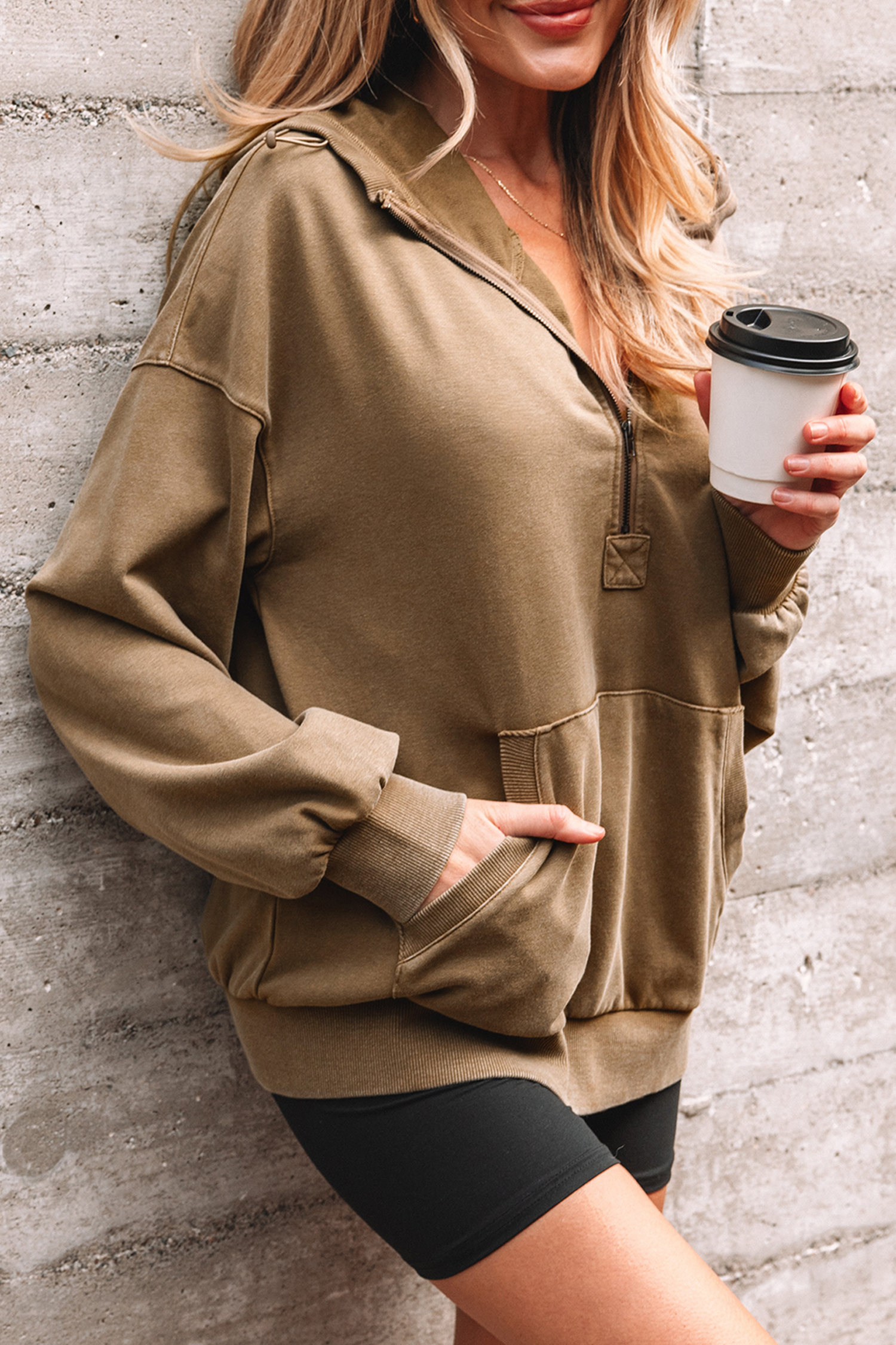 Canton Half Zip Kangaroo Pocket Mineral Wash Baggy Hoodie