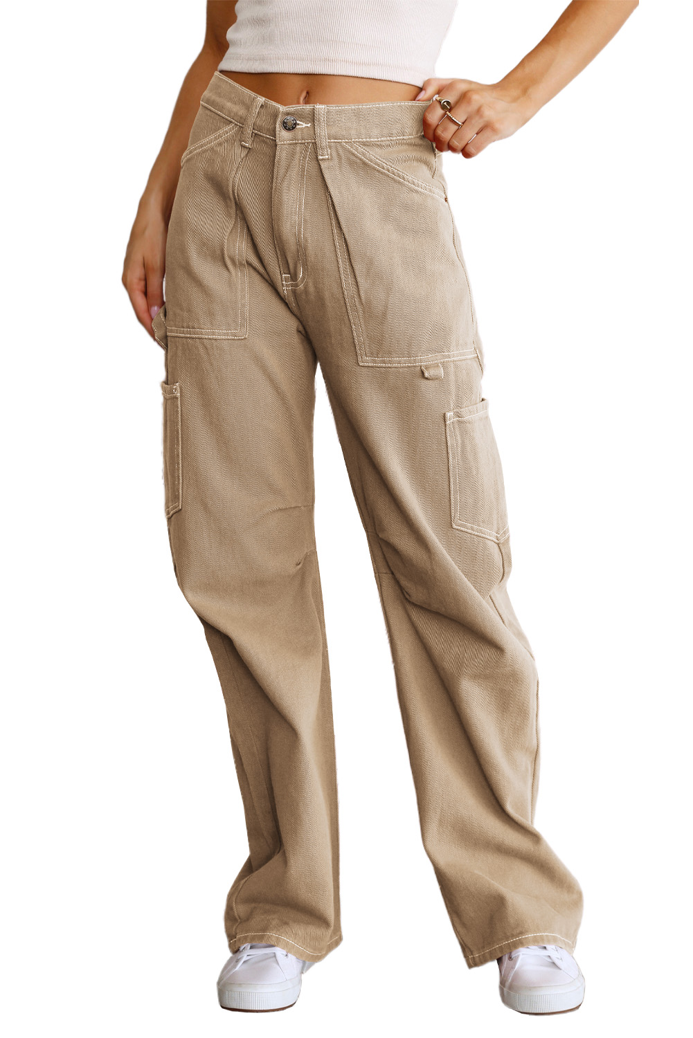 White High Waist Straight Leg Cargo Pants with Pockets