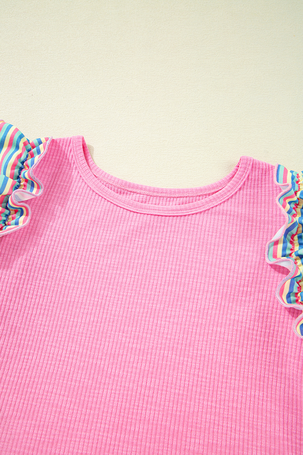 Bonbon Striped Ruffle Flutter Sleeve Ribbed Blouse