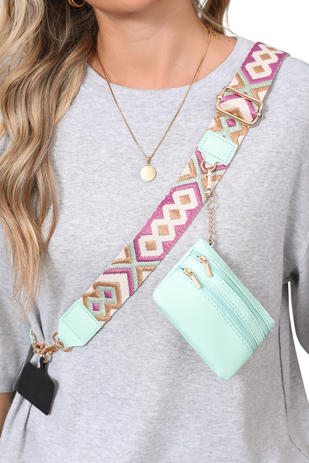 Sea Green Geometric Printed Phone Strap And Detachable Zipped Pouch