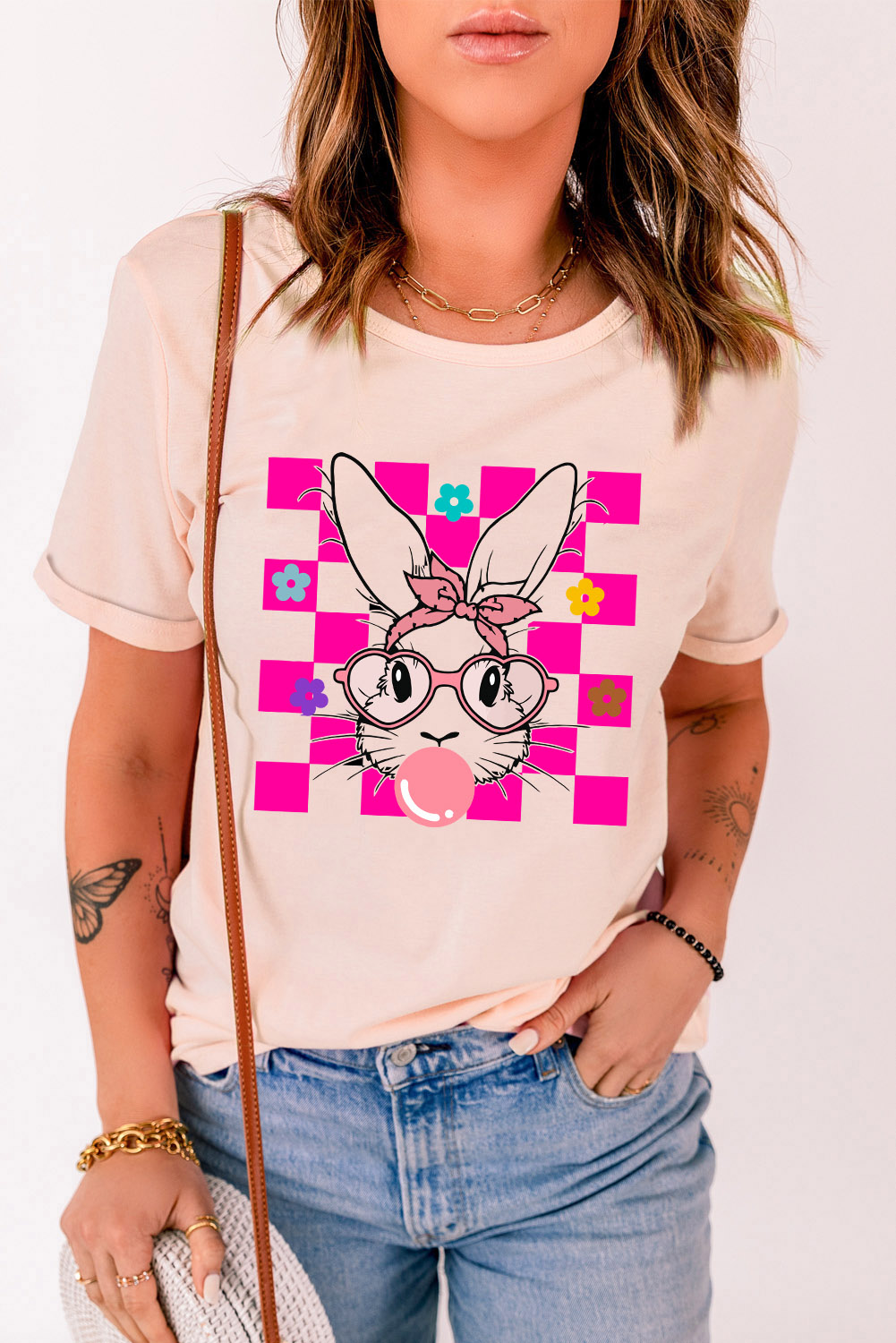 White Rabbit Bow Knot Print Crew Neck T Shirt
