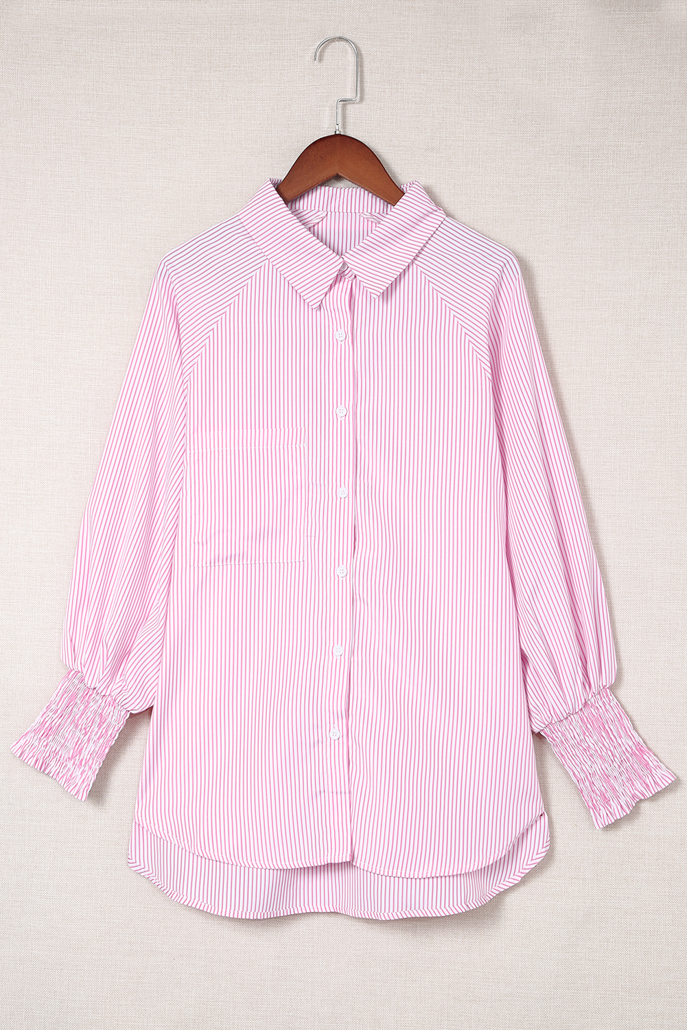 Red Stripe Smocked Cuffed Striped Boyfriend Shirt with Pocket