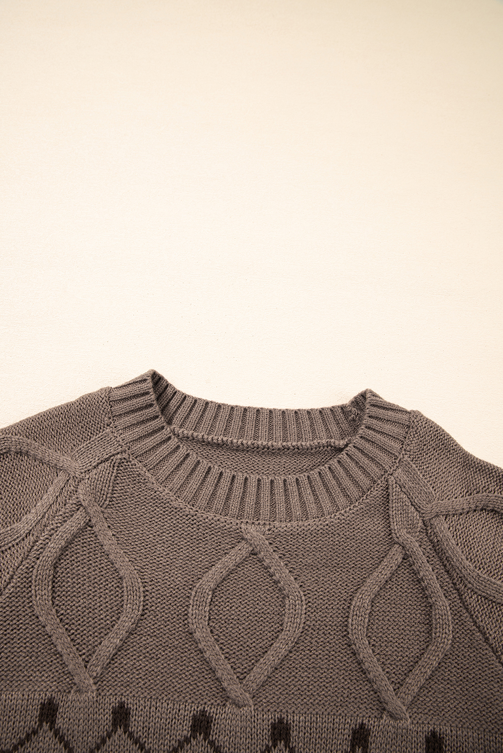 Light French Beige Western Geometric Patterned Crew Neck Knitted Sweater