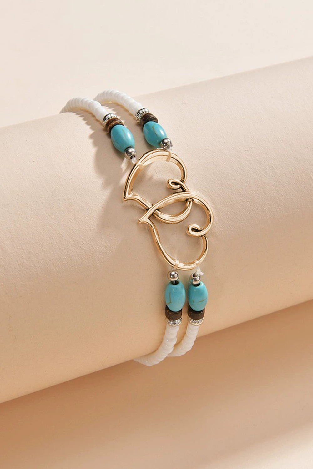 Gold Boho Heart Shape Turquoise Beaded Stretch Anklet
