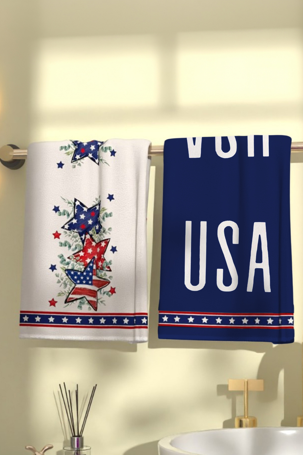 White 2pcs/set American Flag Star Leaves Print Soft Towel