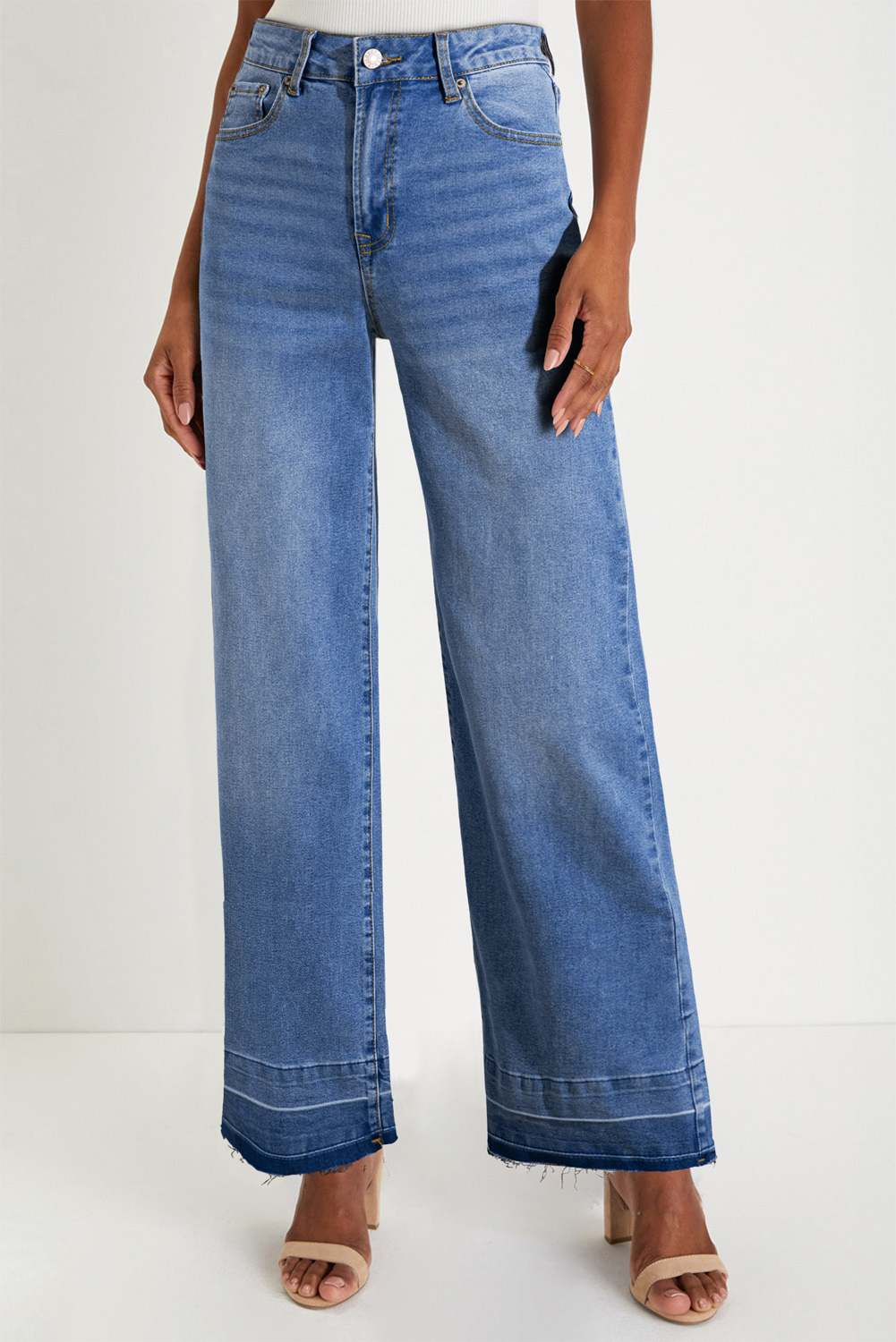 Real Teal Raw Hem Unique Cuffs Straight High Rise Loose Jeans