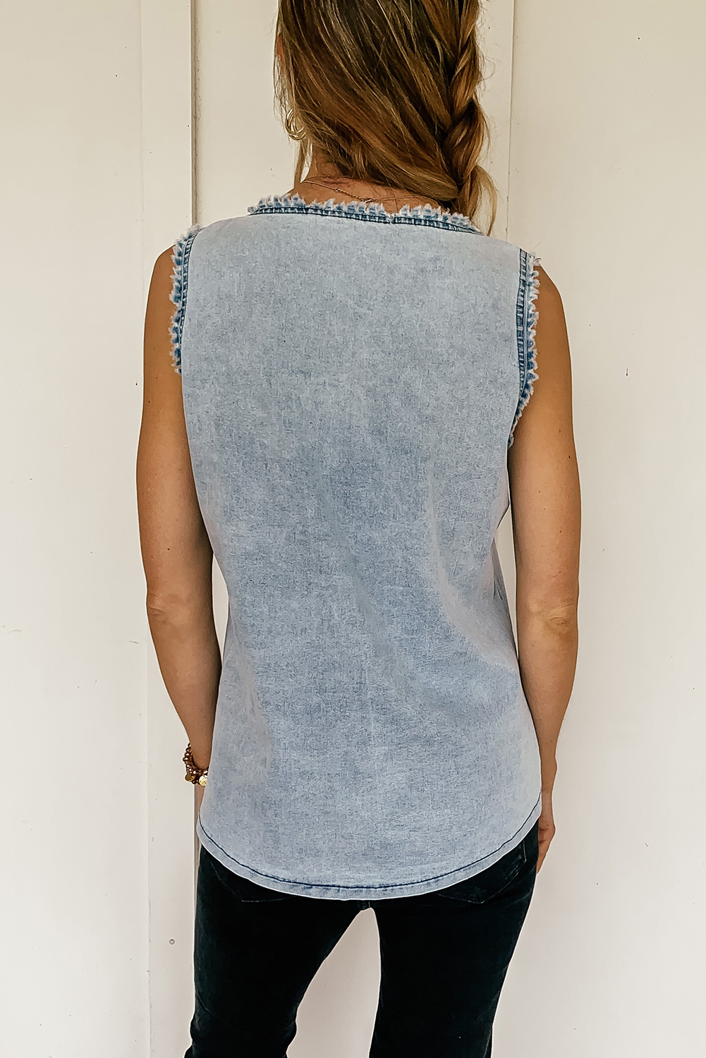 Beau Blue Mineral Wash Denim Frayed U Neck Sleeveless Top