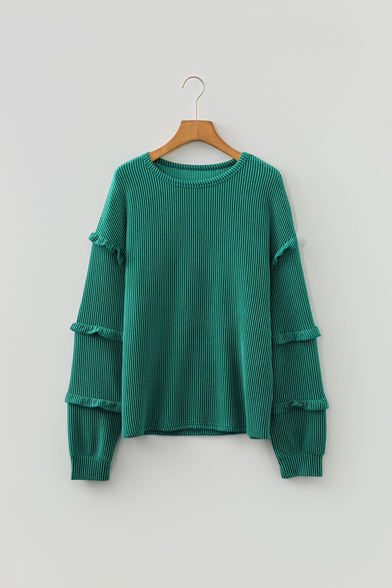 Evergreen Twisted Ribbed Tiered Ruffles Long Sleeve Pullover Top