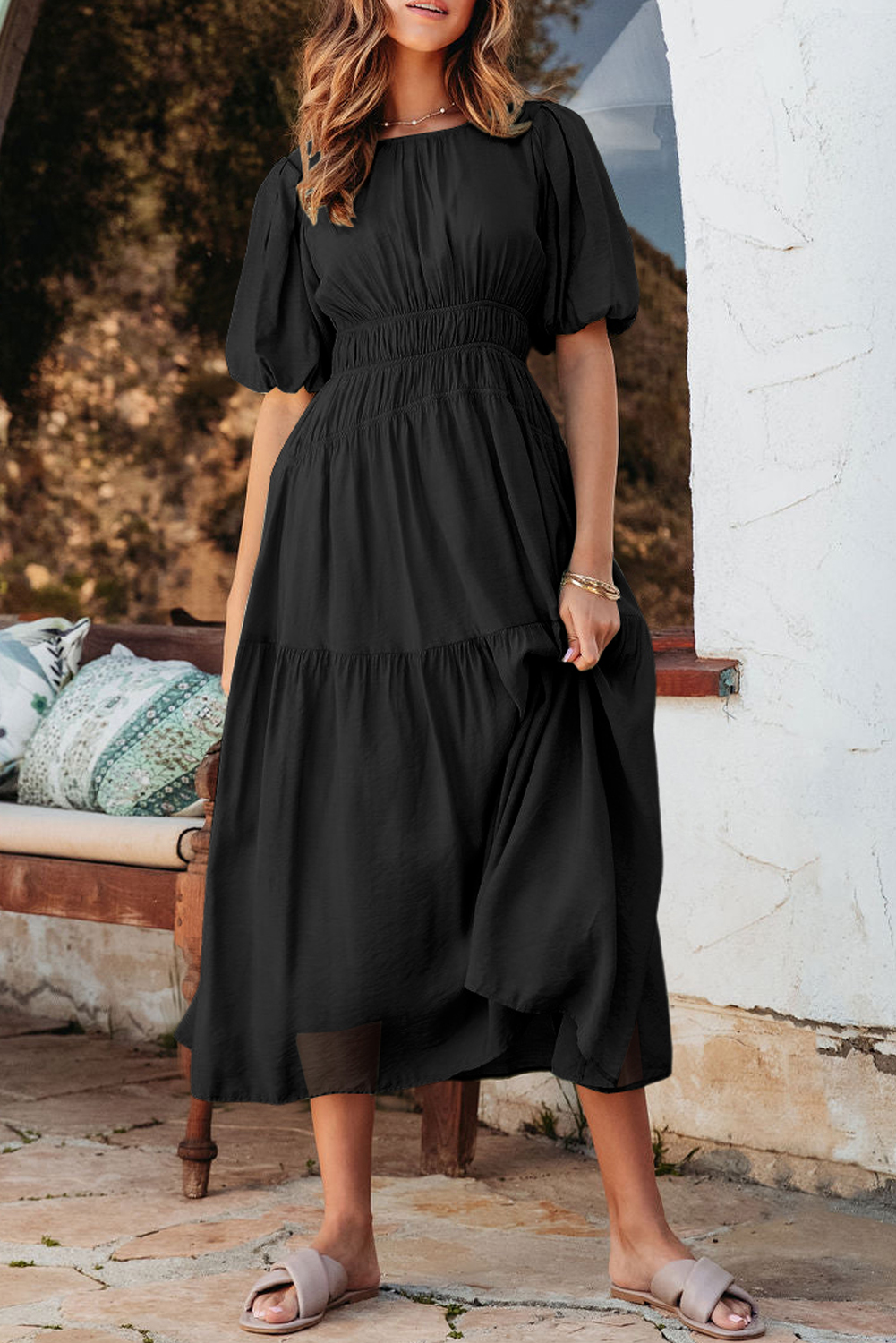Black Puff Sleeve Pleated High Waist Flowy Midi Dress