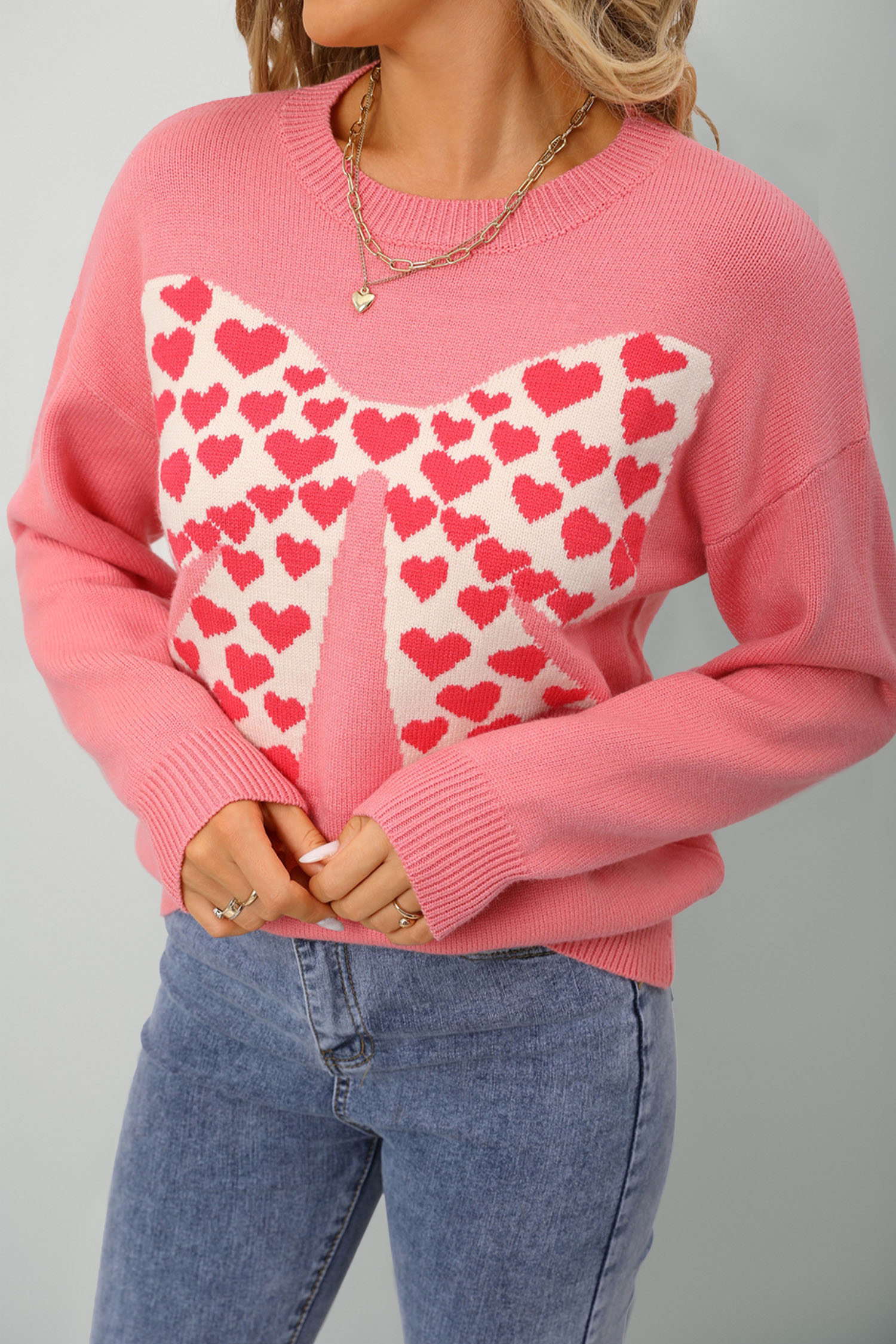 White Heart Bow Graphic Valentine Sweater