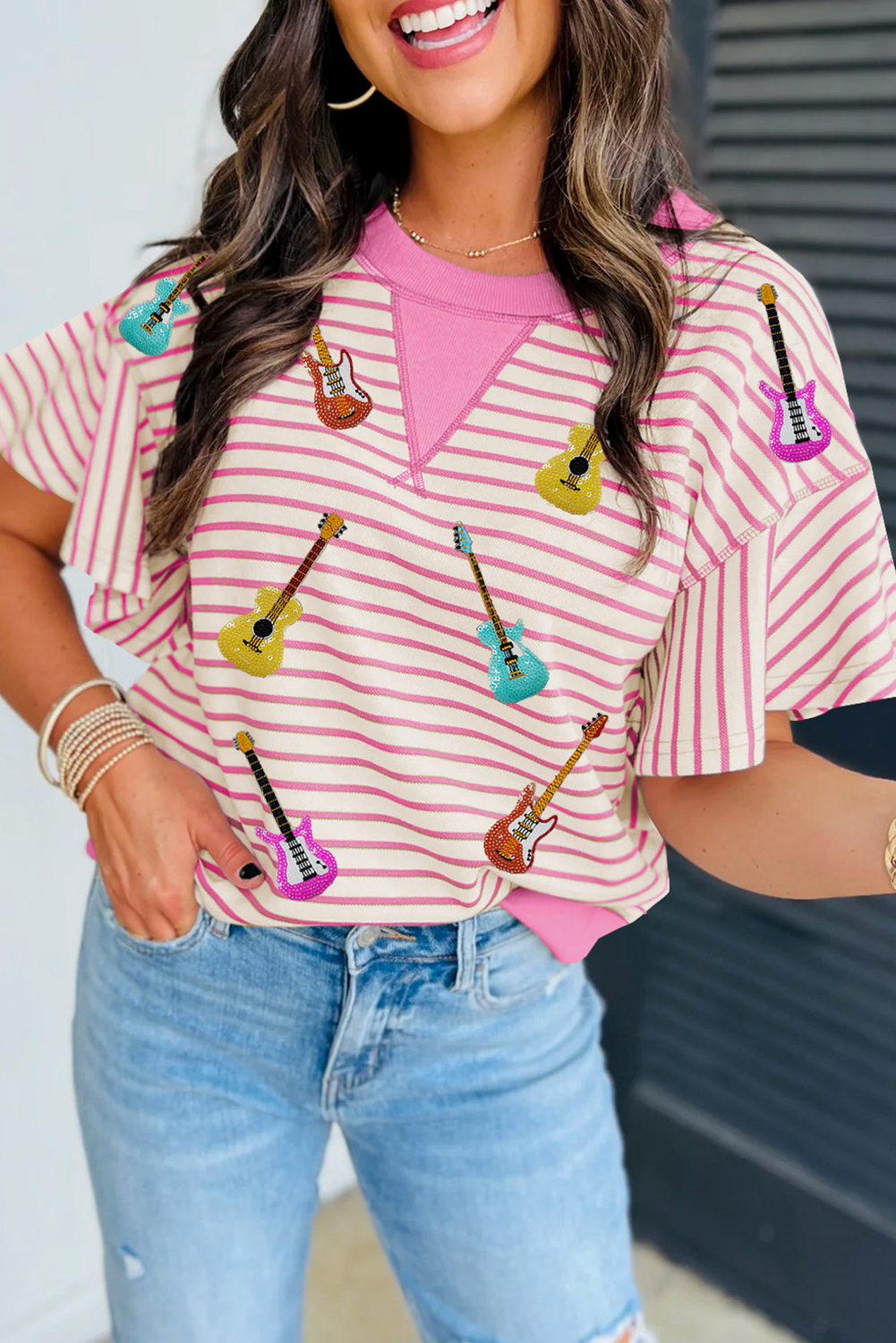 Sachet Pink Striped Guitar Patched Ruffle Short Sleeve Crossed Seam Blouse