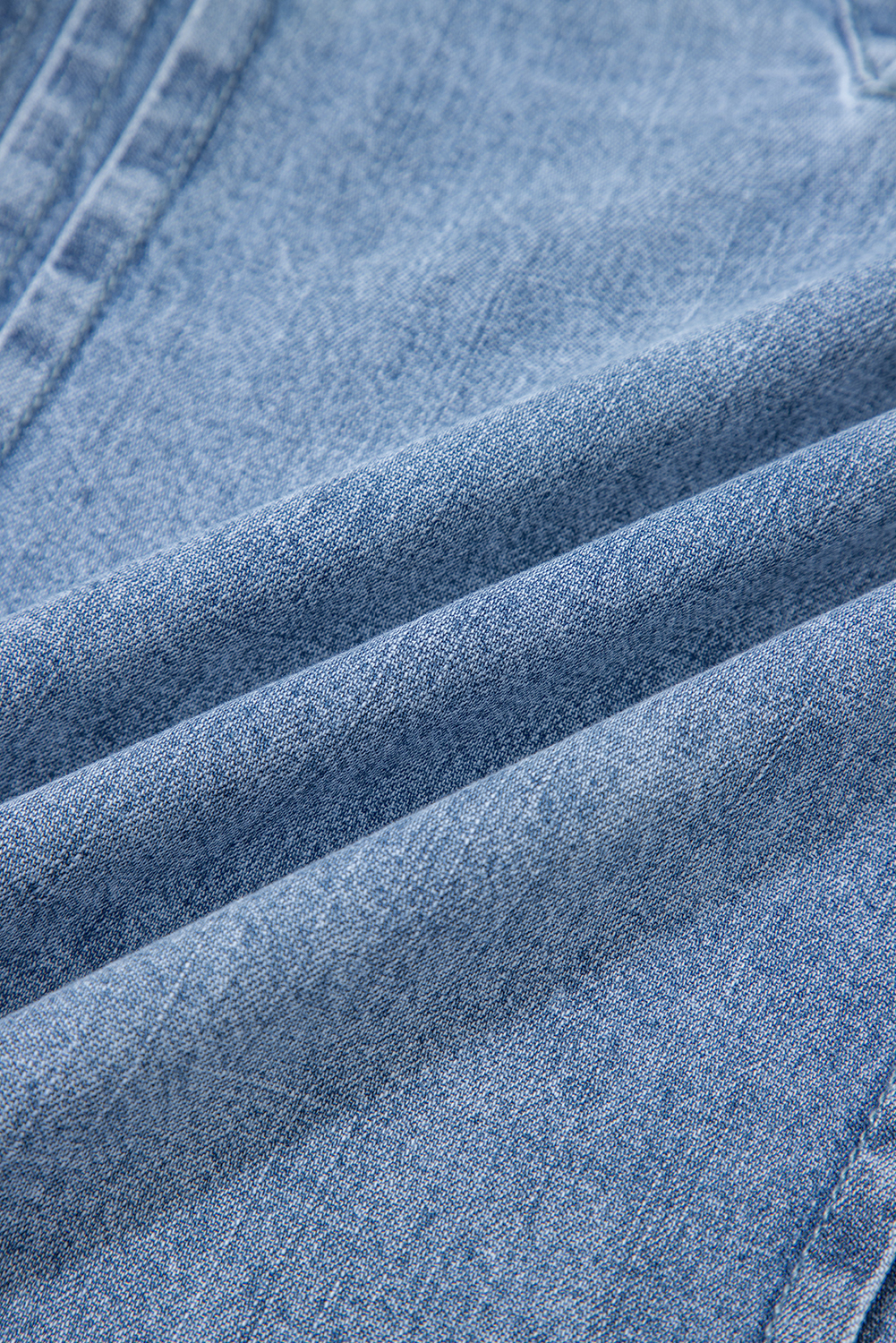 Myosotis Pintuck Pleats Puff Sleeve Split V Neck Summer Denim Top