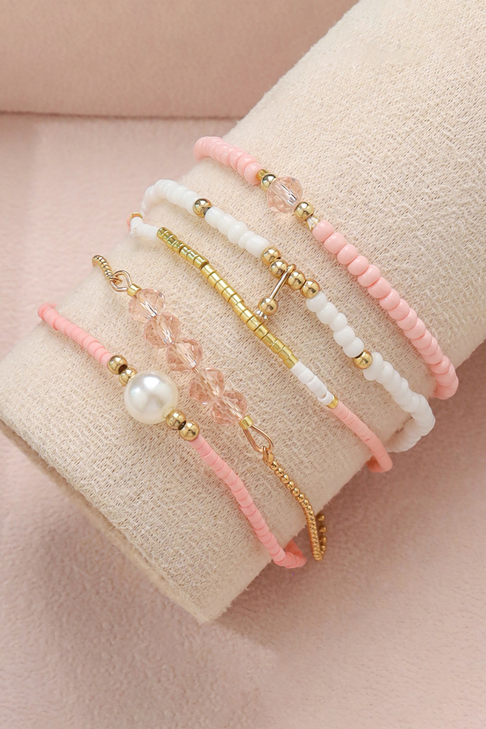 Pink Pearl Crystal Bead Detail 5pcs Elastic Bracelet Set