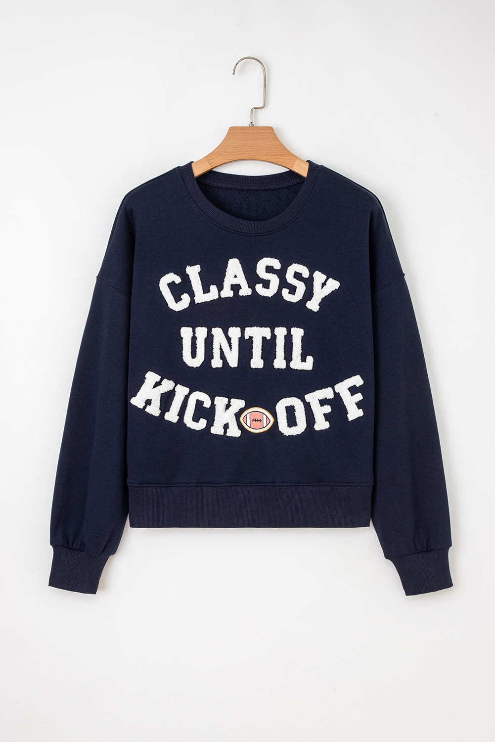 Black CLASSY UNTIL KICKOFF Plush Letter Patched Loose Sweatshirt
