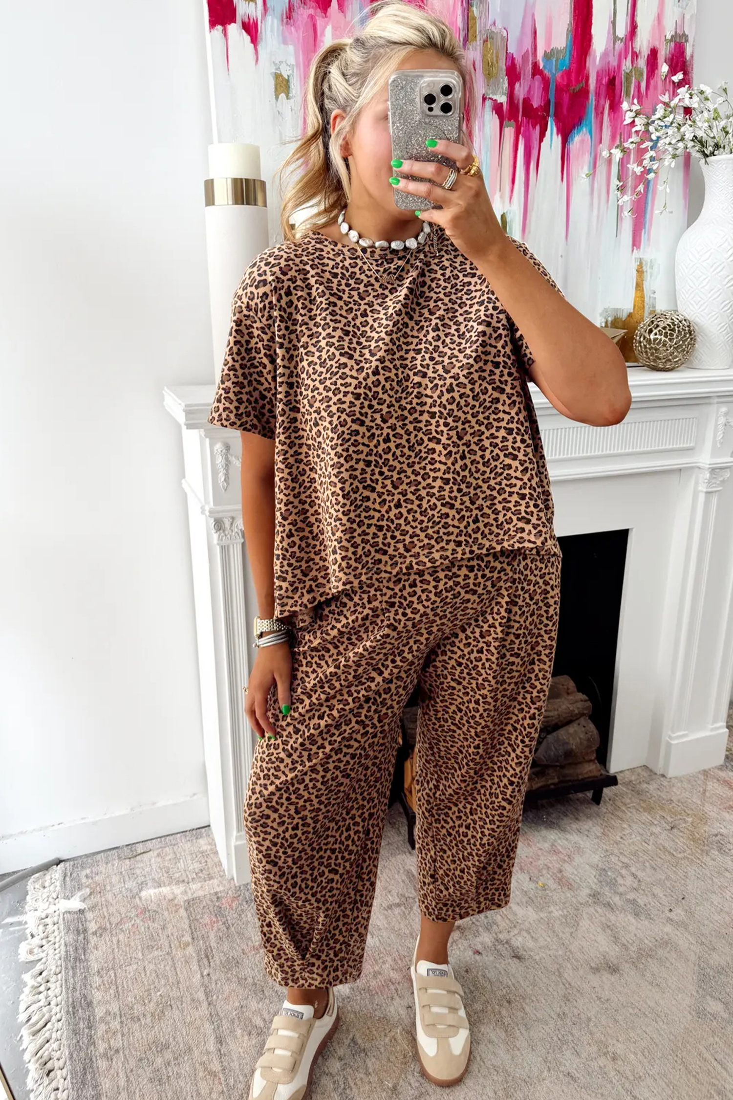 Brown Leopard Loose Tee Drawstring Waist Barrel Pants Set