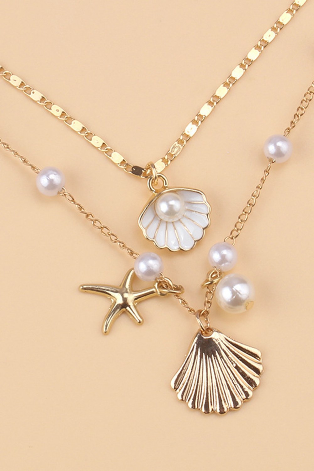 Gold Starfish Shell Pearl Dual Chain Necklace