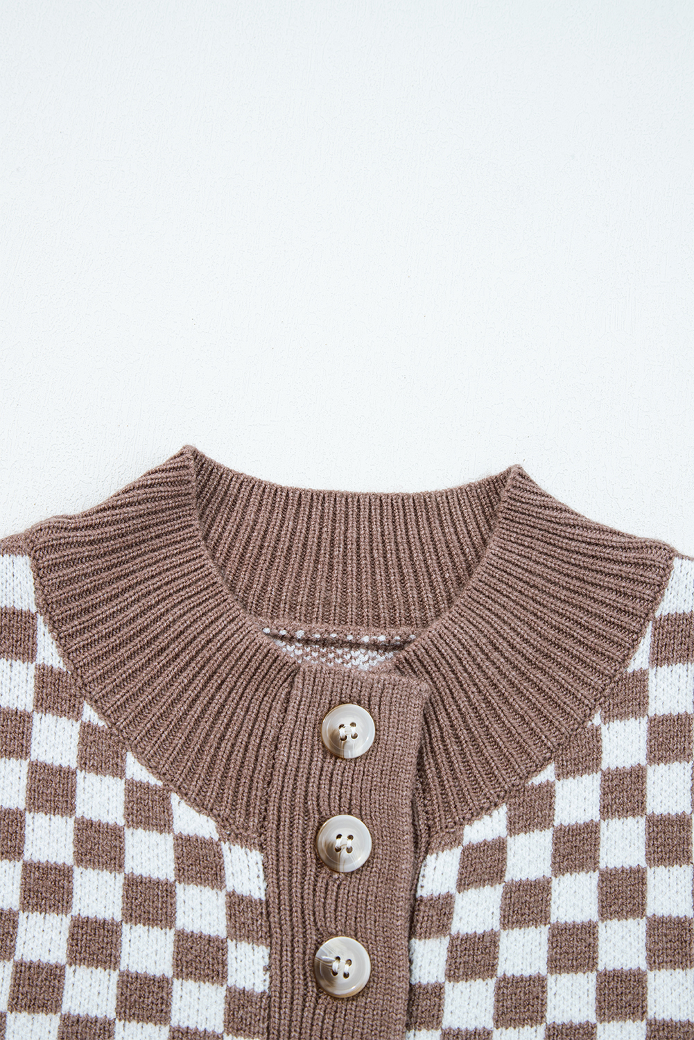 Dark Brown Half Button Ribbed Trim Checkerboard Knit Sweater