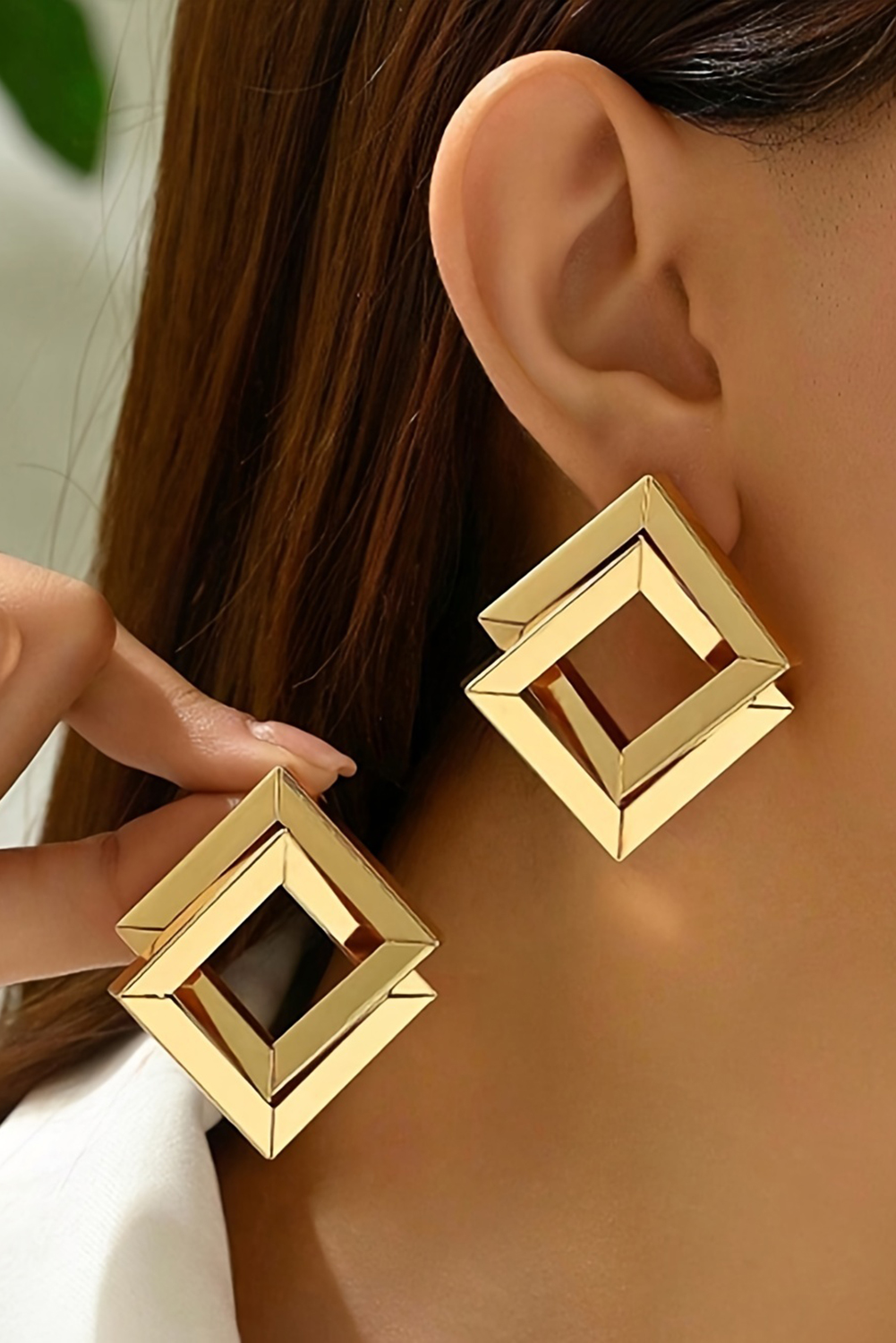 Gold Plated Double Square Geometry Studded Earrings