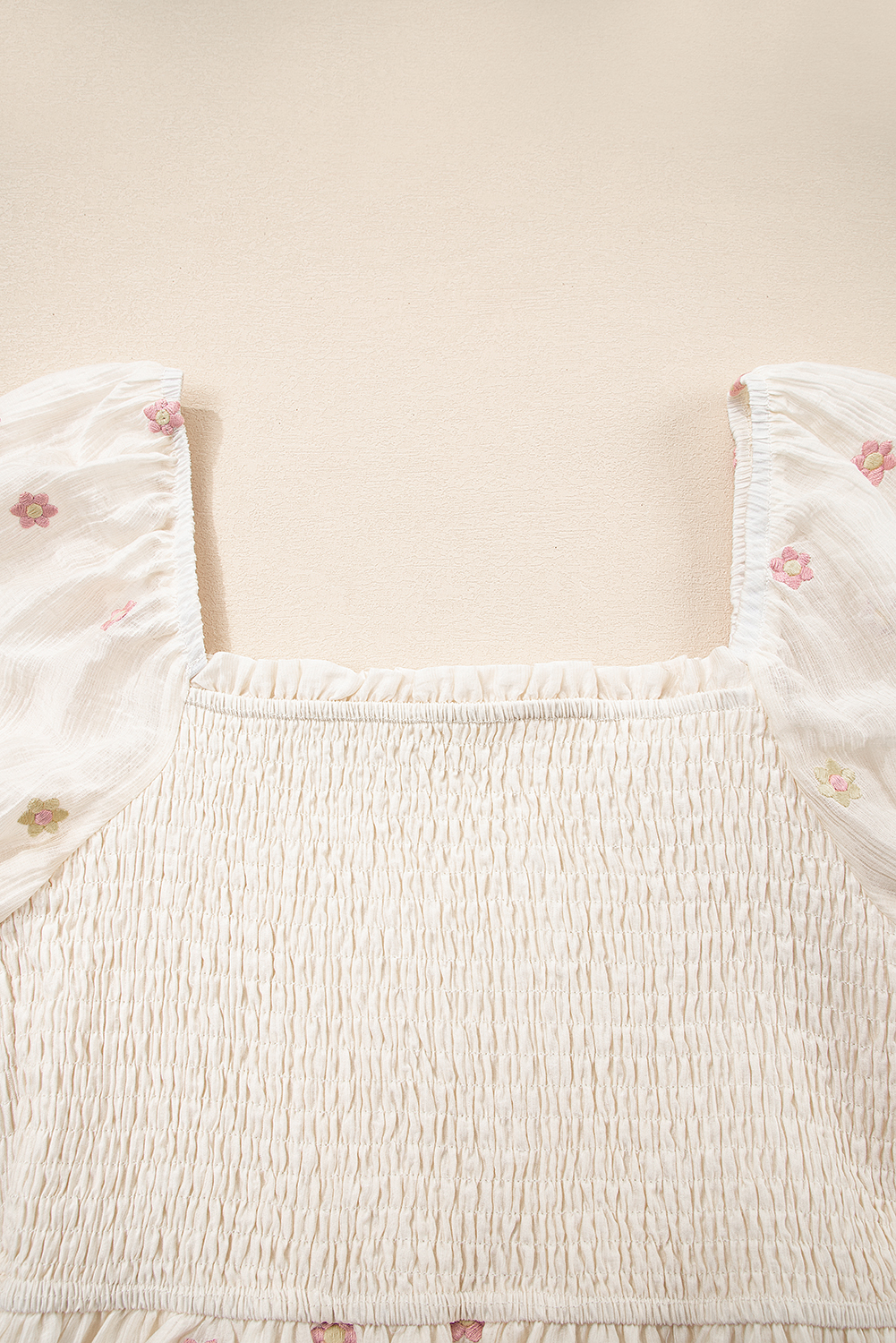 Beige Embroidered Flower Smocked Bust Half Puff Sleeve Empire Waist Textured Flowy Dress