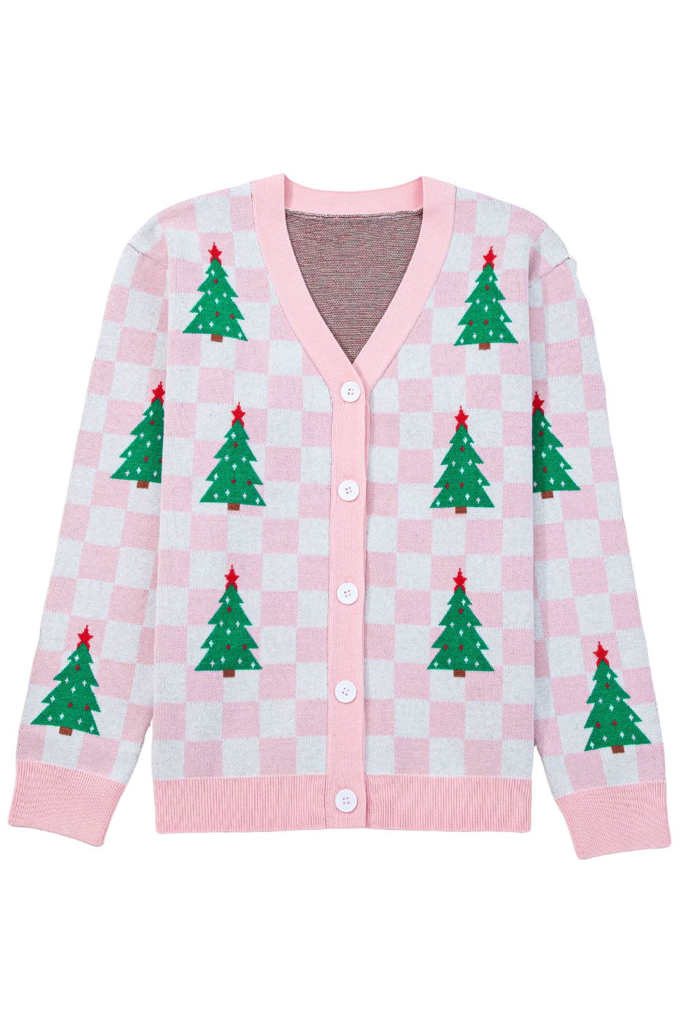 Pink Checkered Christmas Tree Pattern Button V Neck Cardigan Sweater
