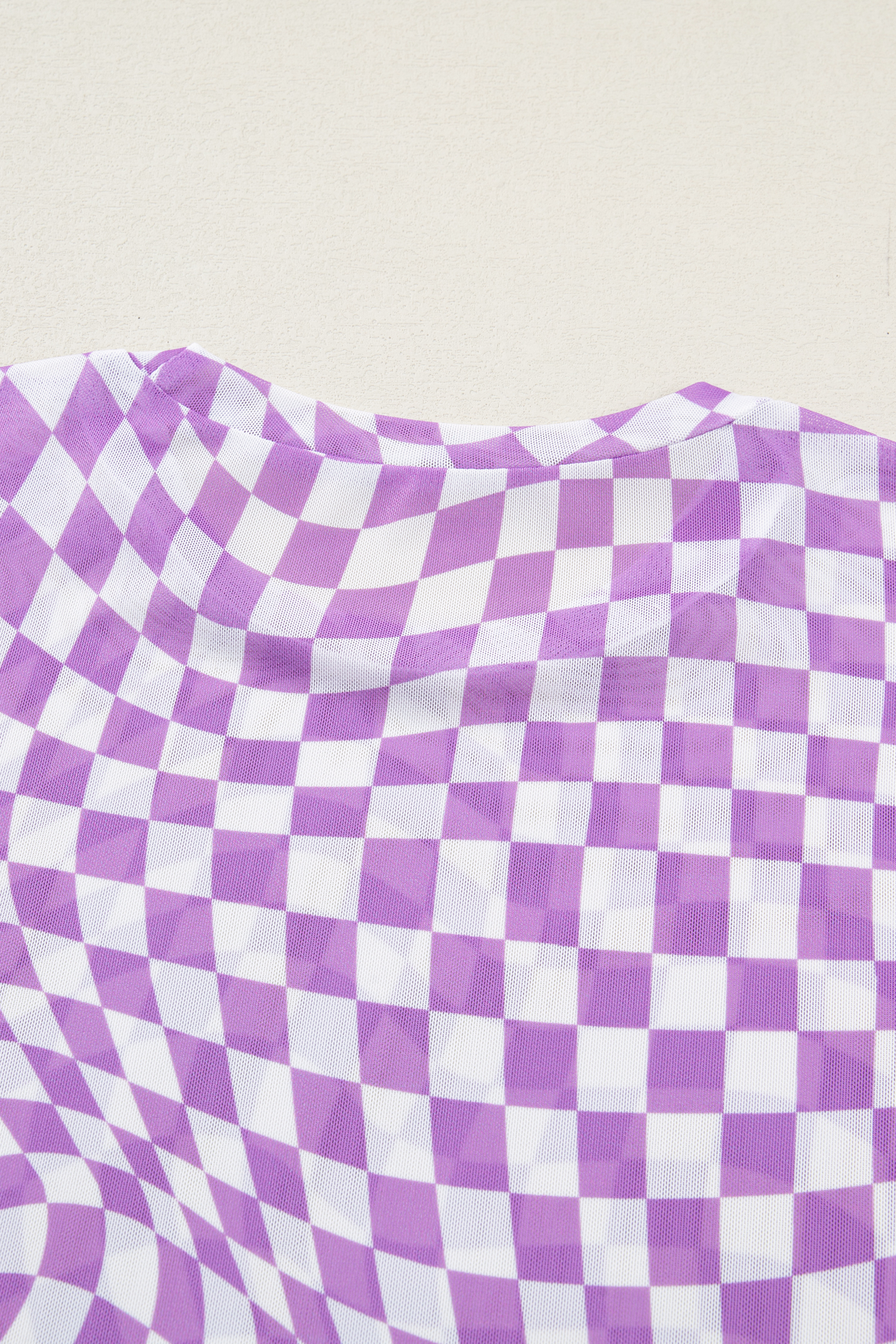 Purple Checkered Print Mock Neck Mesh T Shirt
