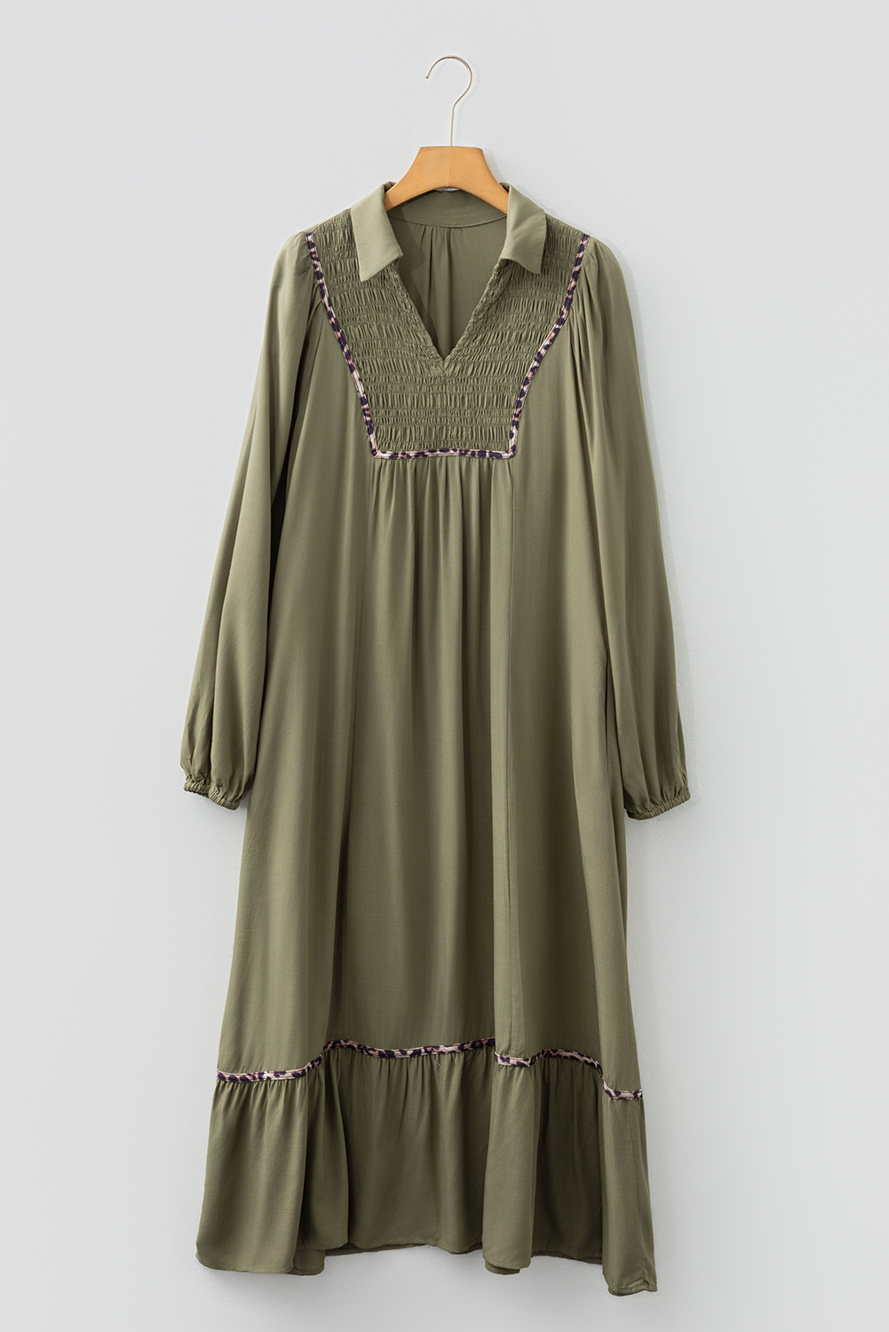 Four Leaf Clover Collared V Neck Smocked Detail Contrast Leopard Trim Bracelet Sleeve Long Dress