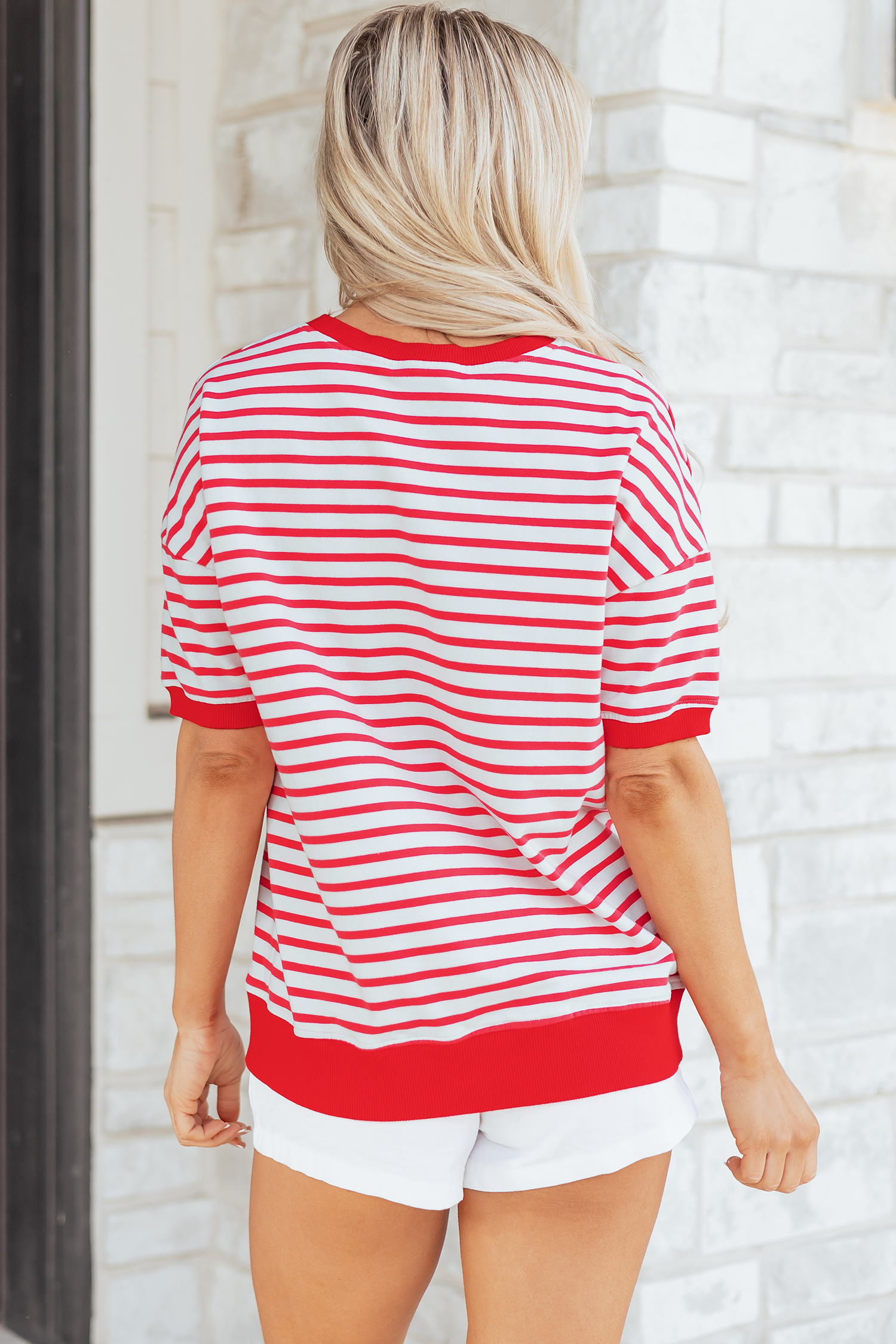 Red Stripe Drop Shoulder Half Sleeve T Shirt