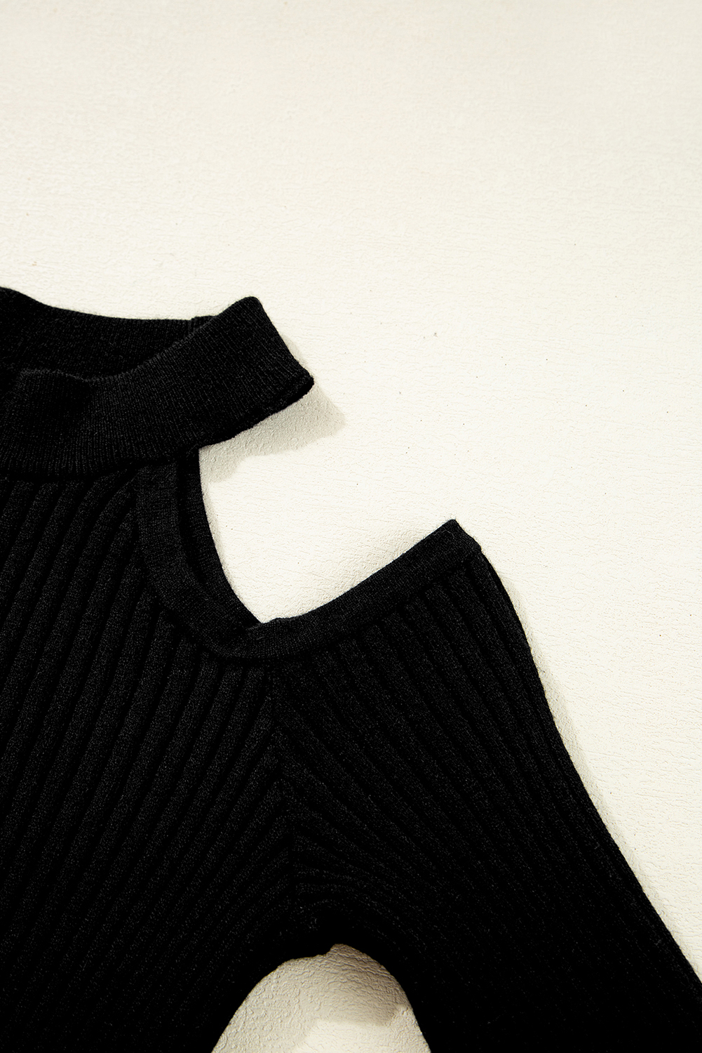 Black Ribbed Knit Cold Shoulder Choker Neck Sweater