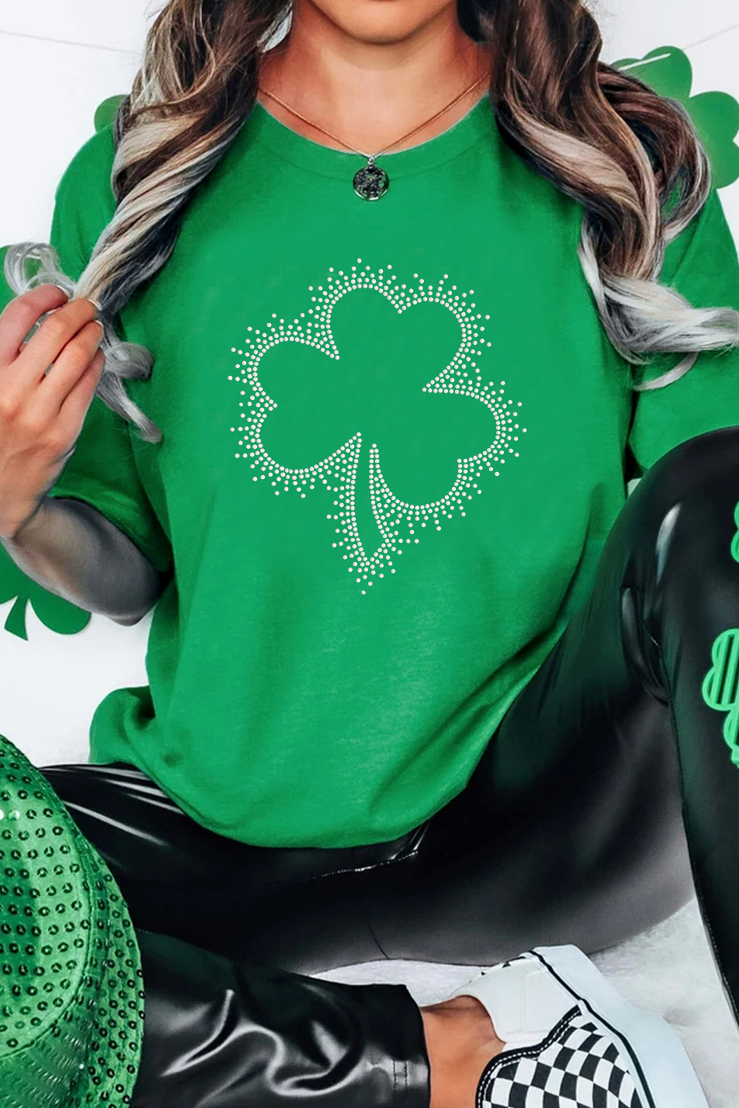 Bright Green St Patricks Day Crystal Rhinestone Shamrock Tee