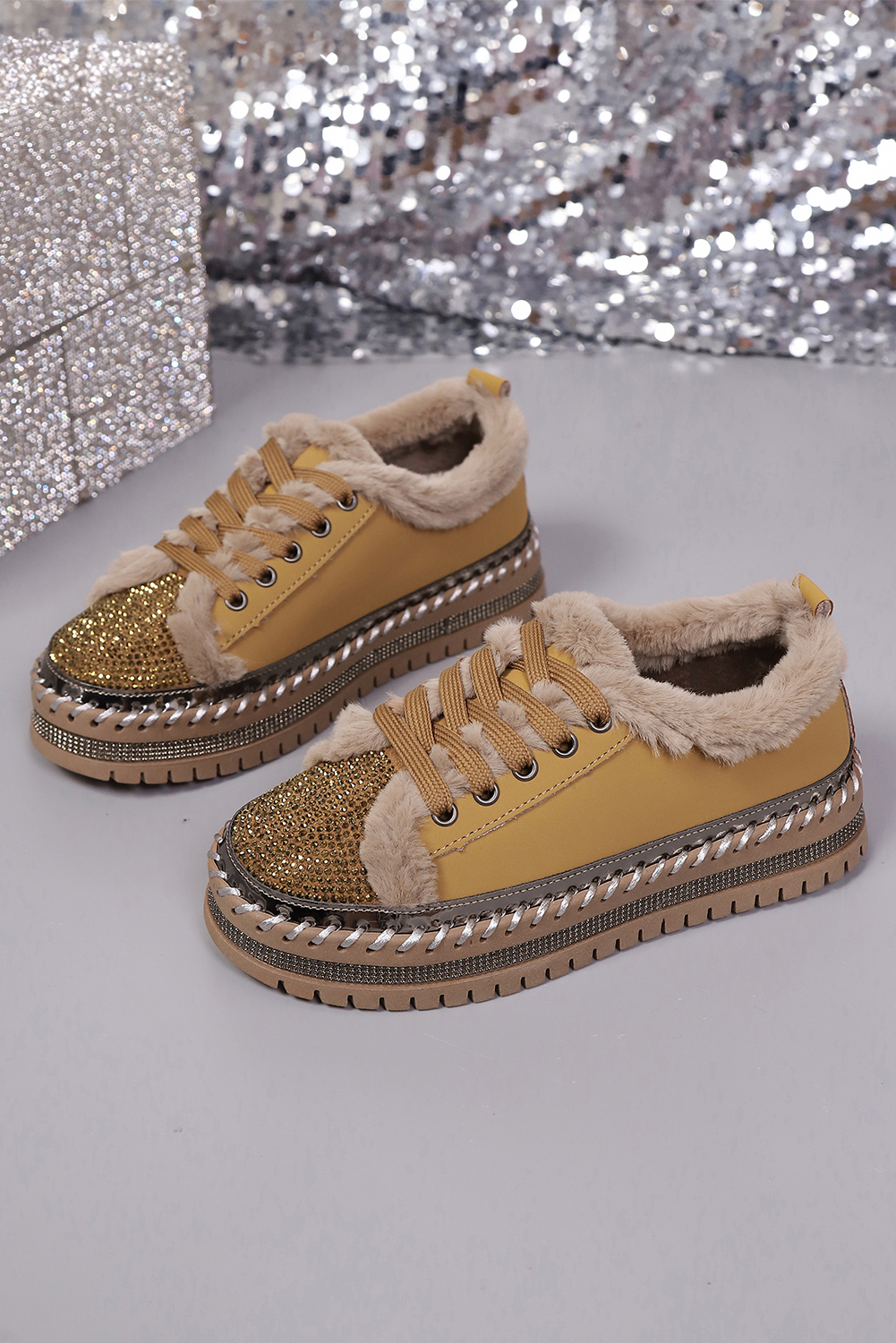 Thai Curry Rhinestone Embellished Faux Fur Lining Lace-Up Flat Shoes