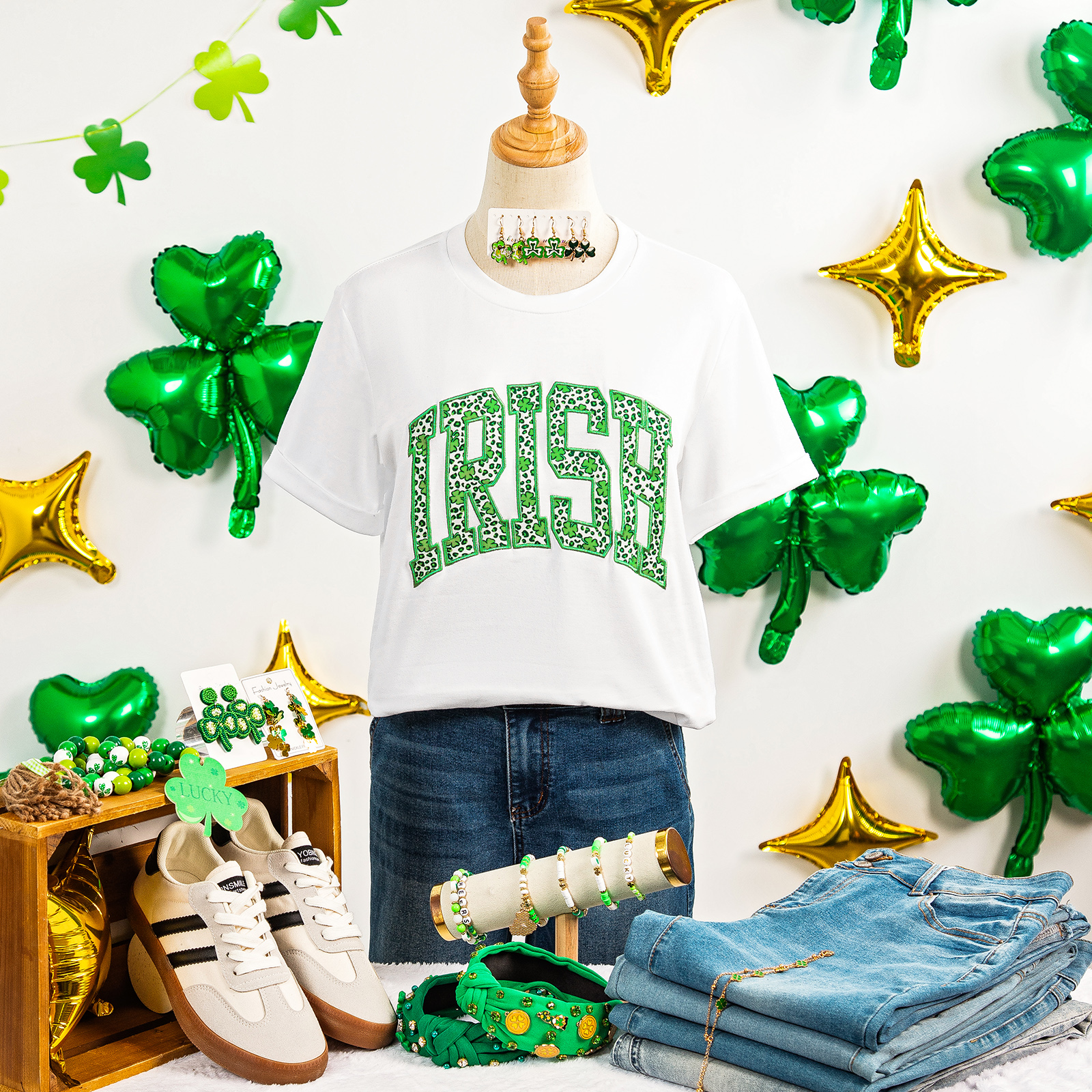 White IRISH Leopard Clover Embroidered Patch Graphic Tee