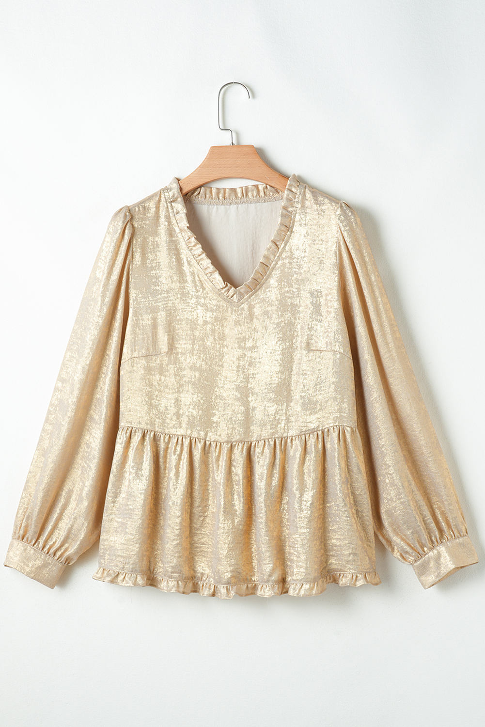 Dearlovers Gold Metallic Frilled V Neck Puff Sleeve Babydoll Blouse