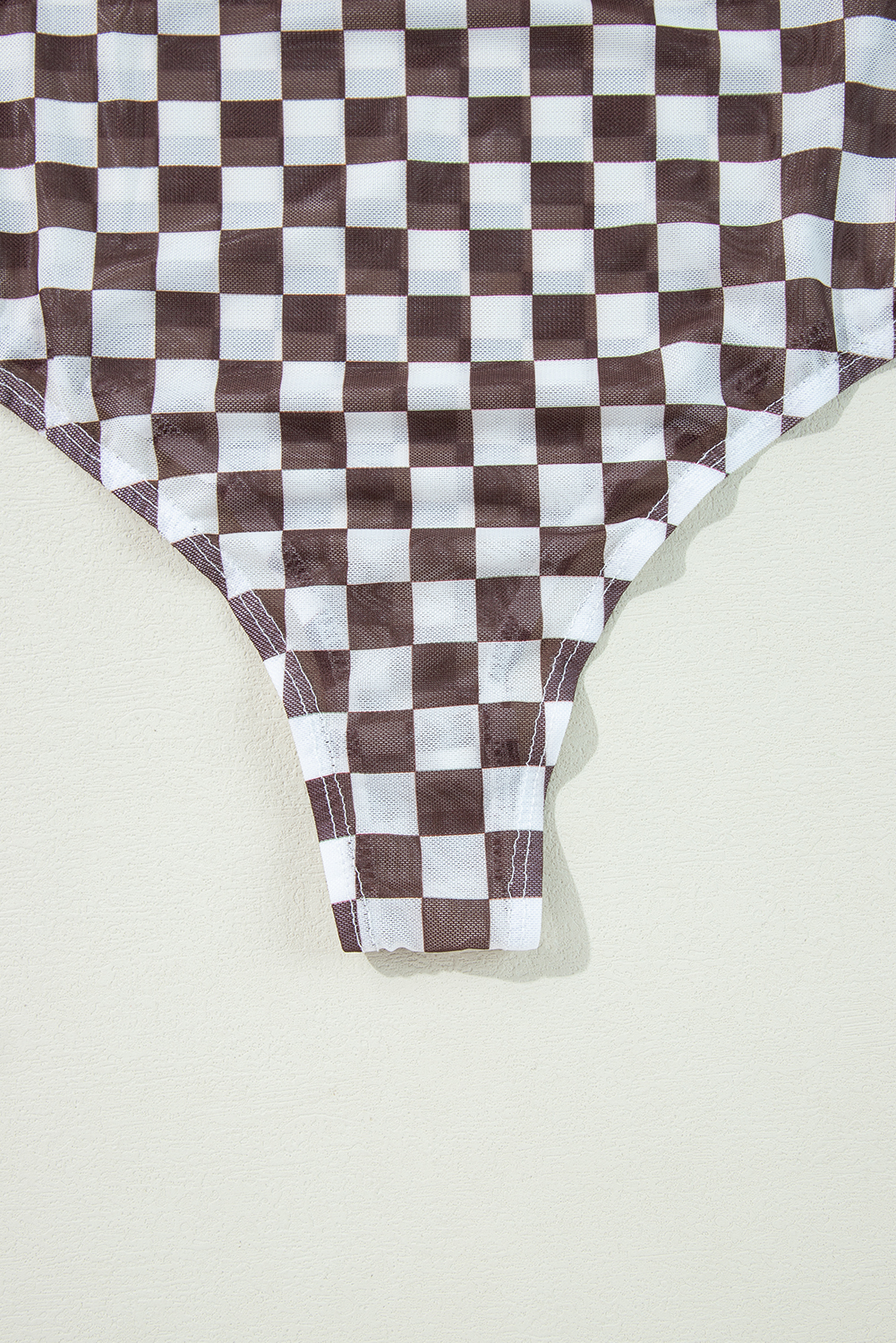 Khaki Checkered Pattern Mesh Mock Neck Long Sleeve Top