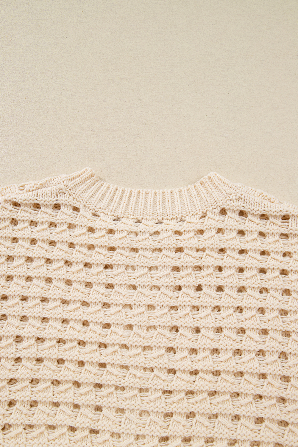 Beige Hollowed Pattern Knit Zip Up Drop Shoulder Sweater Cardigan