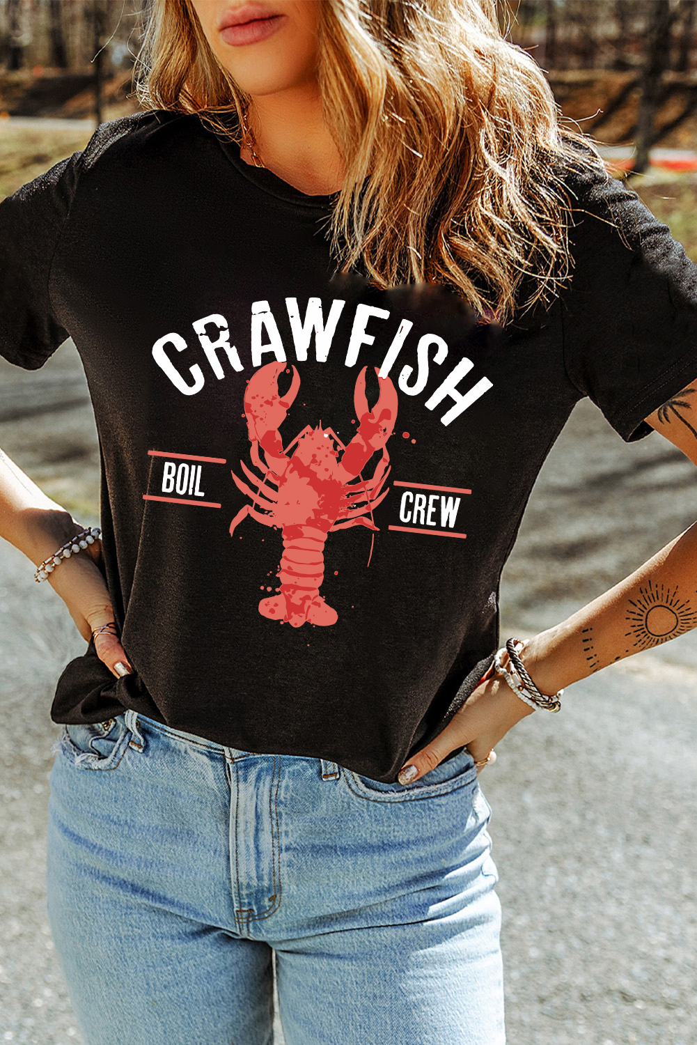 Black CRAWFISH BOIL CREW Distressed Letter Graphic T Shirt