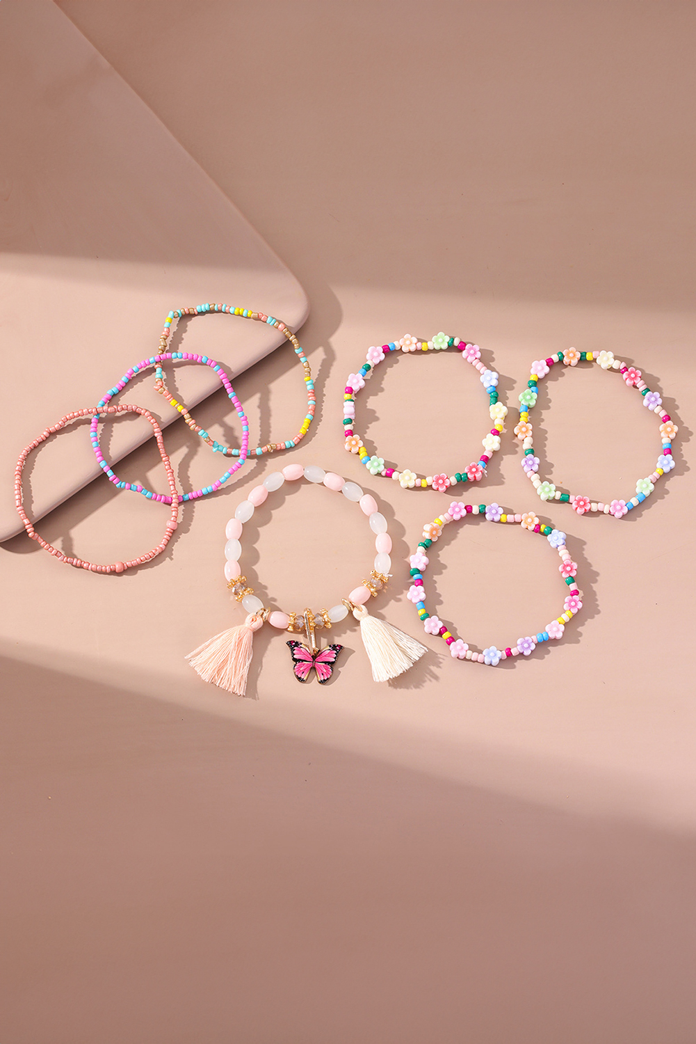 Peach Blossom 7pcs Handmade Beaded Bohemian Style Butterfly Tassel Bracelet Set