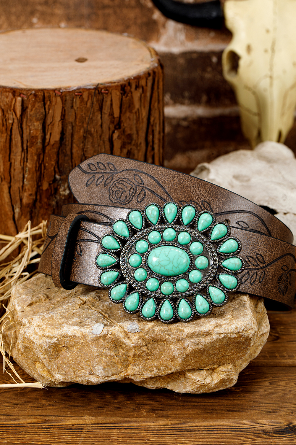 Chestnut Turquoise Gem Stone Western Fashion Faux Leather Belt