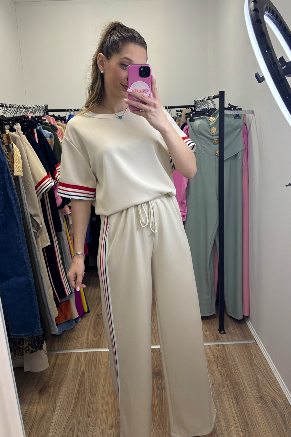 Jet Stream Contrast Striped Trim Crewneck T Shirt Loose Straight Pants Set