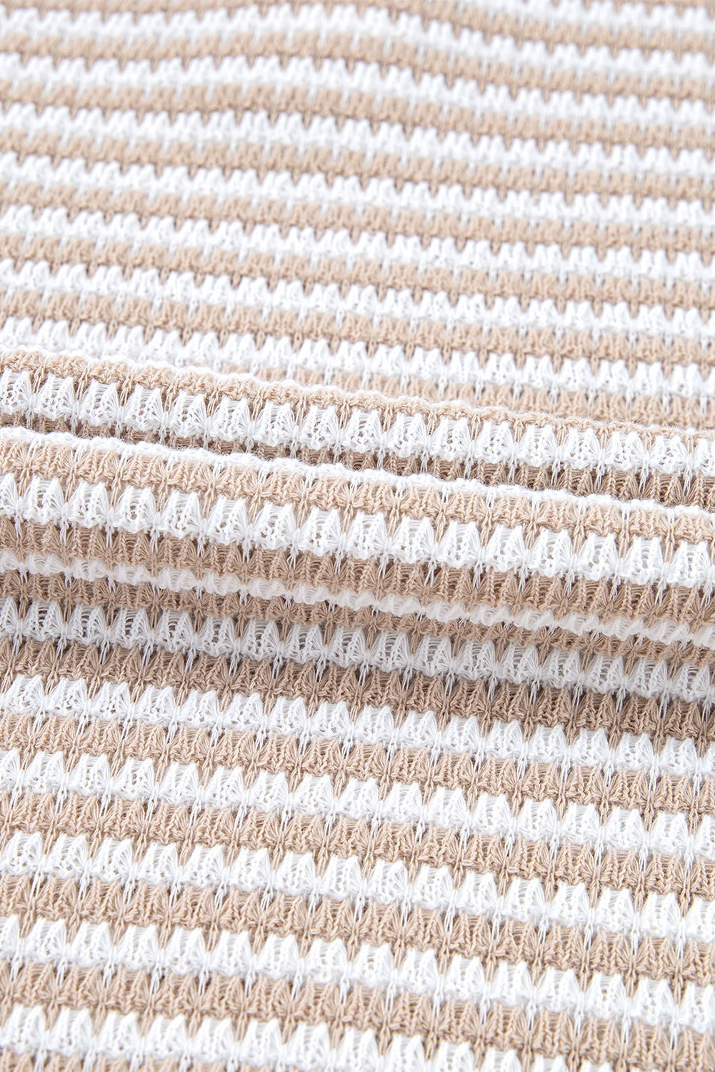 Khaki Stripe Buttoned Front V Neck Knitted T Shirt