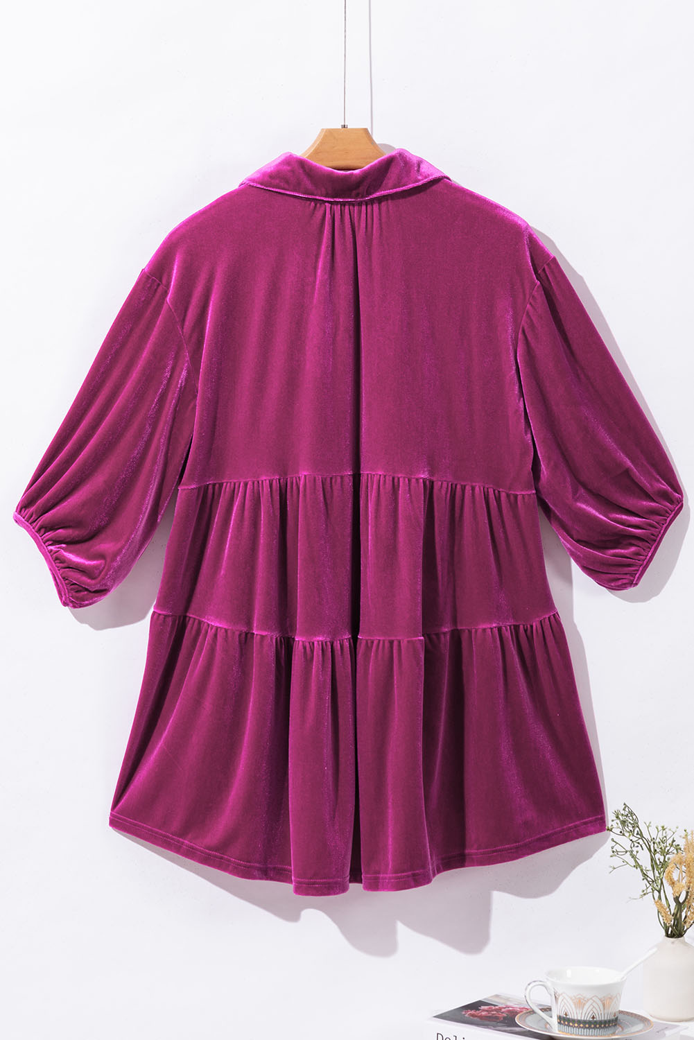 Burgundy 3/4 Sleeve Tunic Babydoll Velvet Shirt